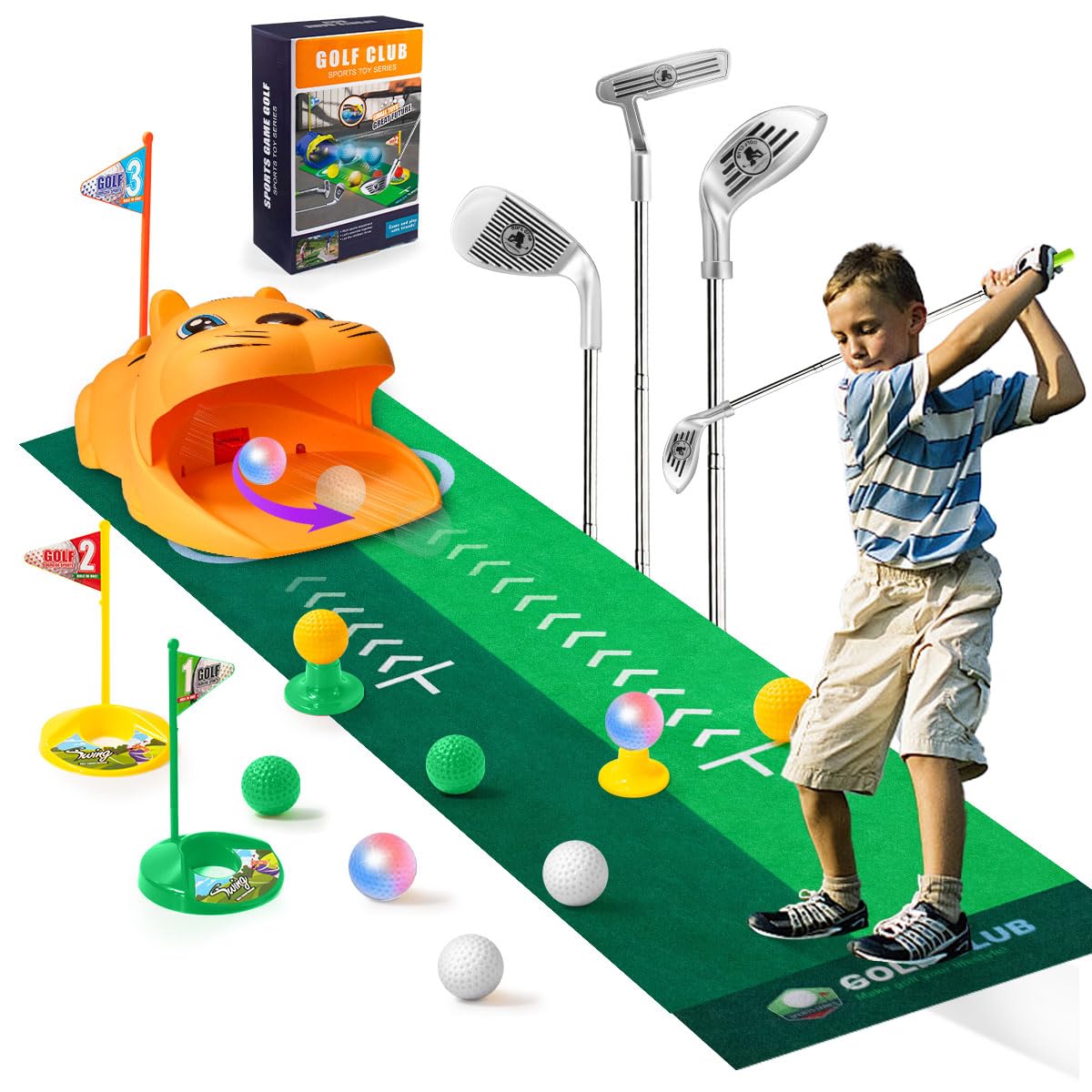 Kazaigou Kids Toy Golf Set Age 3+,Toddler Golf Clubs with Auto Ball Returner, Led Light Up Night Golf Balls & Putting Mat, Indoor and Outdoor Sports Golf Toys Gifts for Kids Aged 3-5+ (Tiger style)