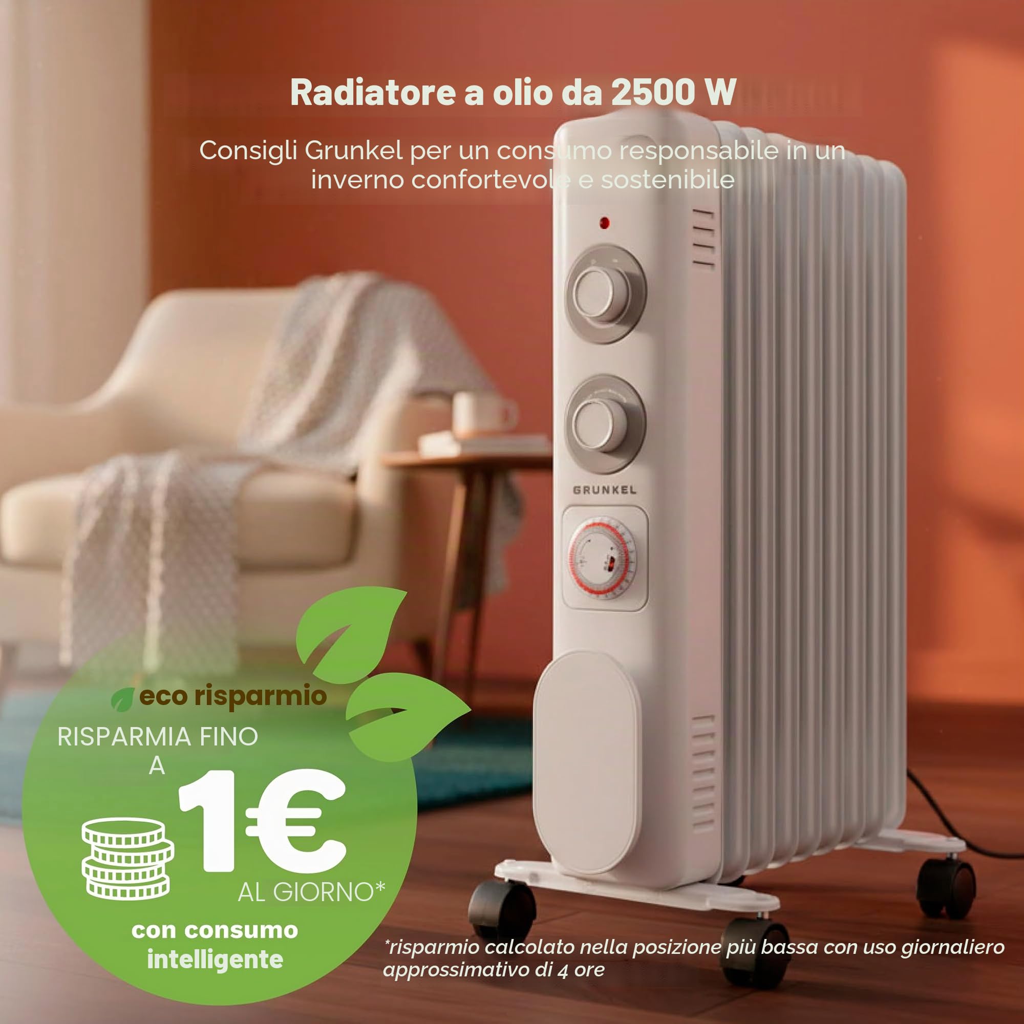 GRUNKEL RD-2000S Radiatore ad olio, 2000 W-2500 W, 9 elementi, 3 livelli di potenza, timer 24 ore, termostato regolabile, ruote multidirezionali