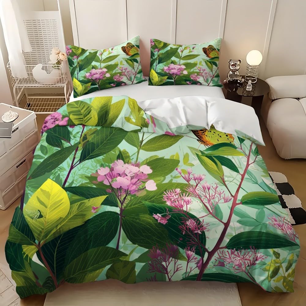 3-częściowy komplet pościeli 200 x 200 cm, z mikrofibry, rośliny, motyle, poszewka na poduszkę z zamkiem błyskawicznym, 80 x 80 cm, zielona, oddychająca, nie wymaga prasowania i miękka poszwa na