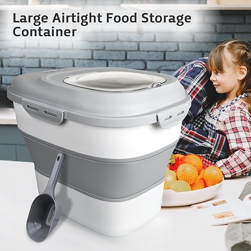 Miniatura 5 de Contenedor de cereales para arroz, dispensador de arroz plegable de 13 a 50 libras con tapa transparente, ruedas rodantes, taza medidora y cuchara,