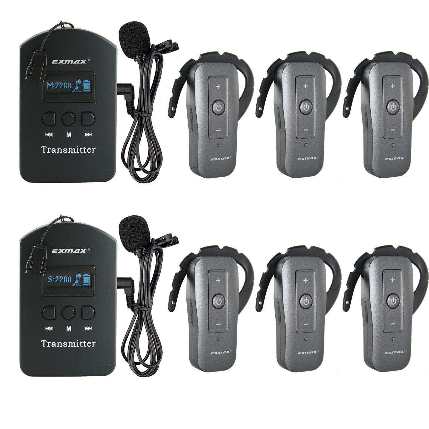 EXMAXEXD-6688 2.4Ghz Wireless Tour Guide System Portable Church Translation Equipment Support Two Transmitter Working Simultaneously for Conference Presentation Summit(2 Transmitters & 6 Receivers)