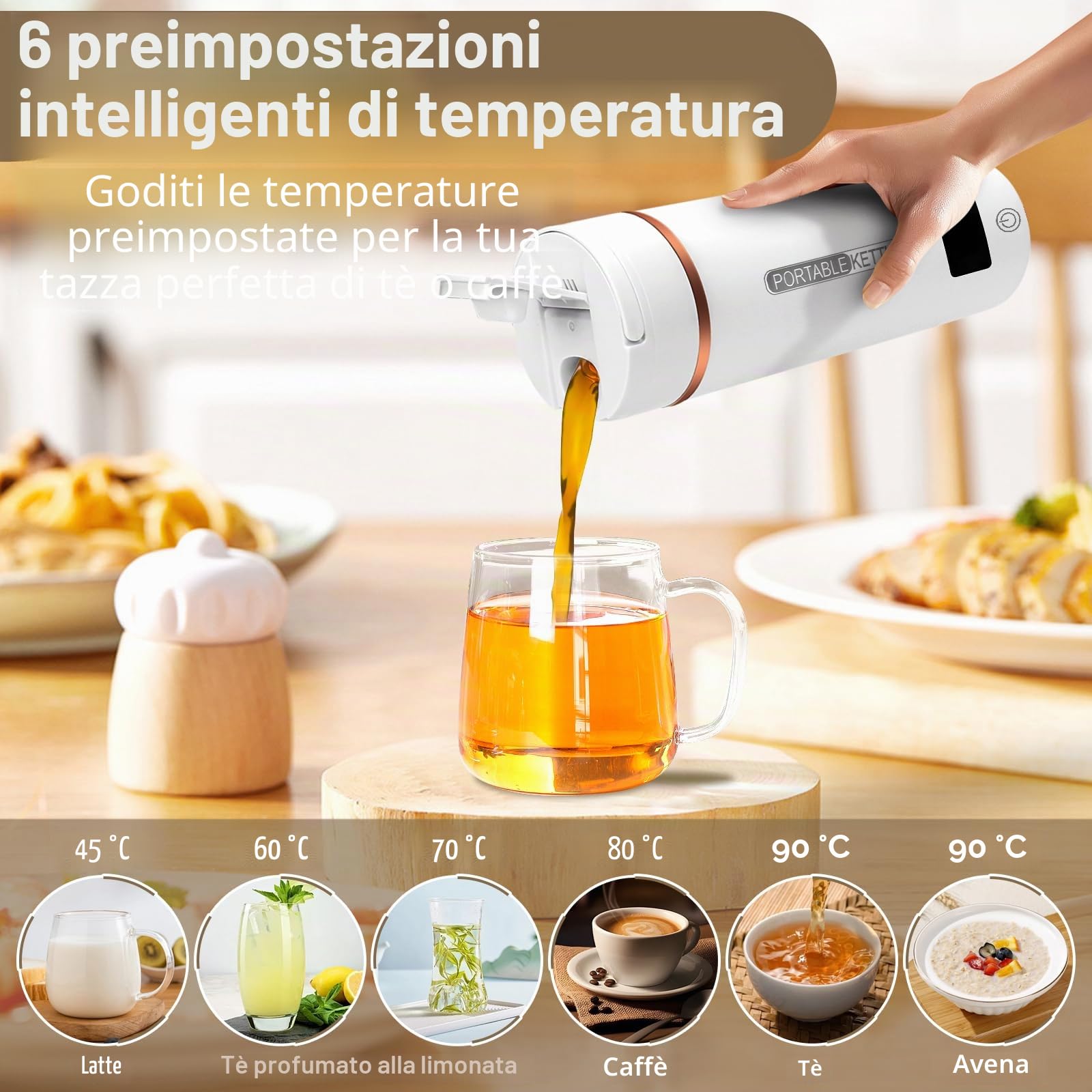 Bollitore da viaggio in acciaio inox 316, 450 ml, 6 impostazioni di temperatura, 240 V/300 W, catena elettrica con spegnimento automatico per tè, caffè