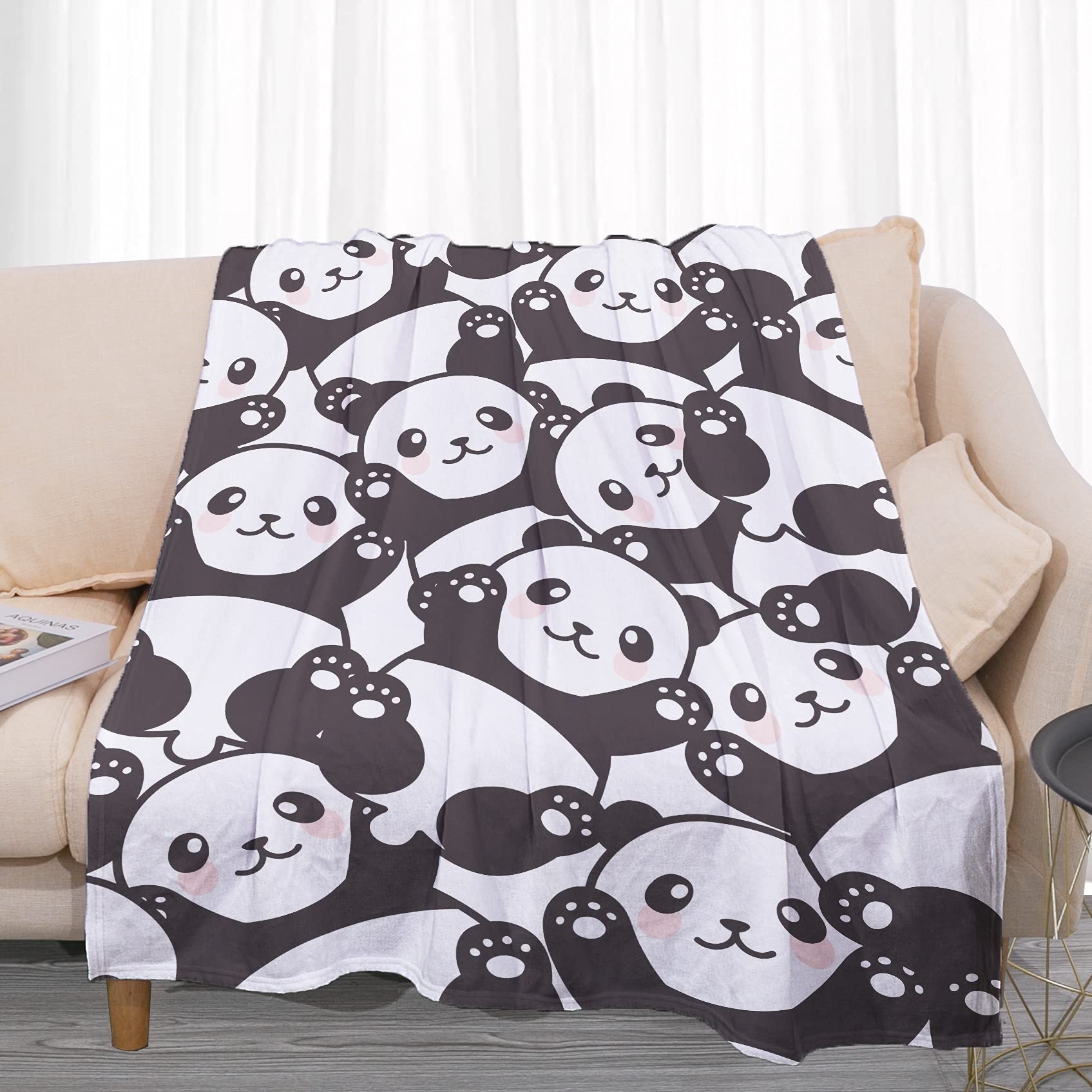 Chickwin Kids Throw Flannel Blankets for Sofas, Cartoon Panda Print Microfiber Warm Soft Fluffy Lightweight Home Bed Cover Bedspread All Season for Adults Armchairs Couch (75x100cm,Cute Panda)
