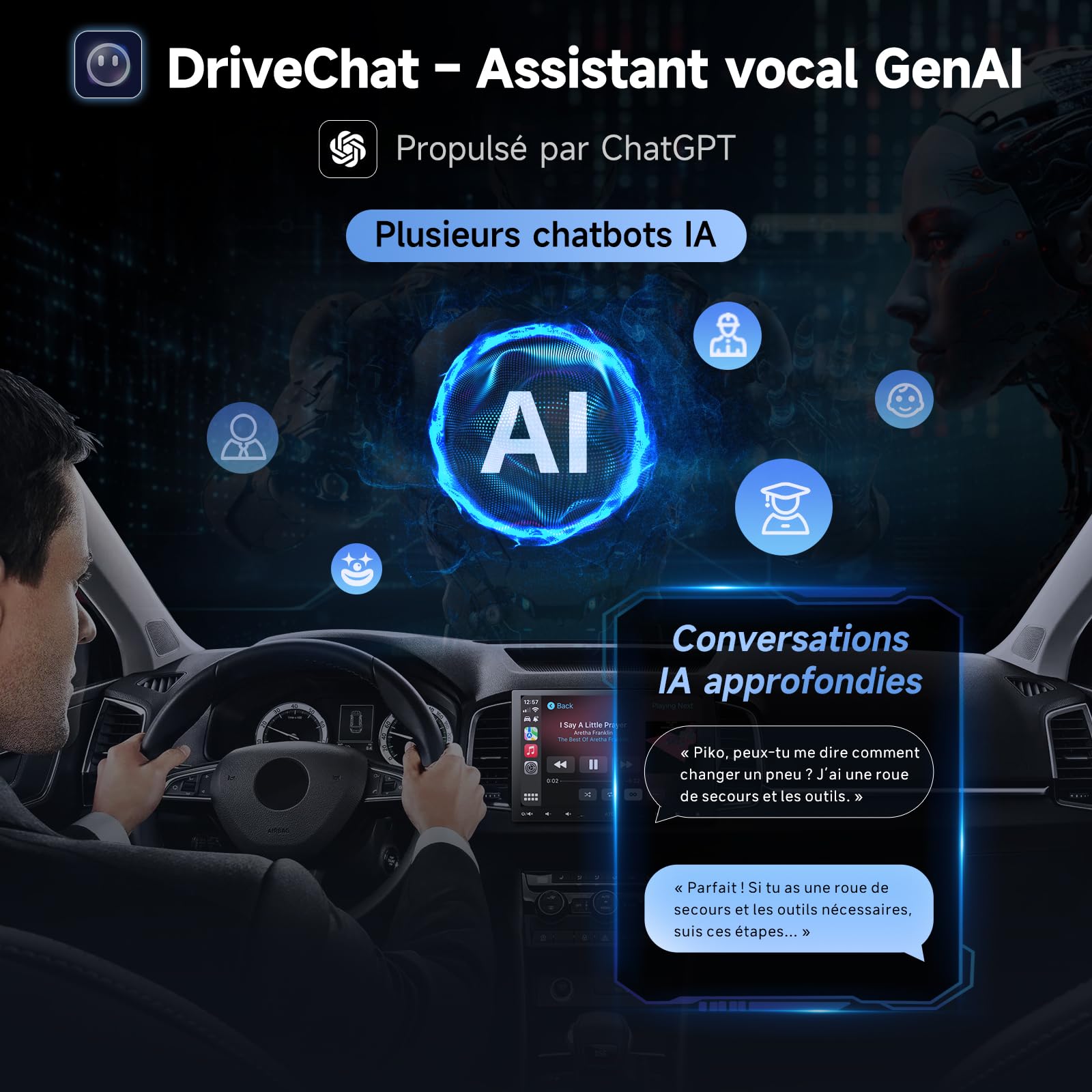 A5L 10.1 Pouces 2 DIN & 1 DIN Adaptatif Autoradio Android, Écran Flottant Voiture, CarPlay & Android Auto sans Fil, 24 Bandes, Suivi GPS, Caméra de Recul, HD LRV, 2G+32G, DSP/FM/RDS