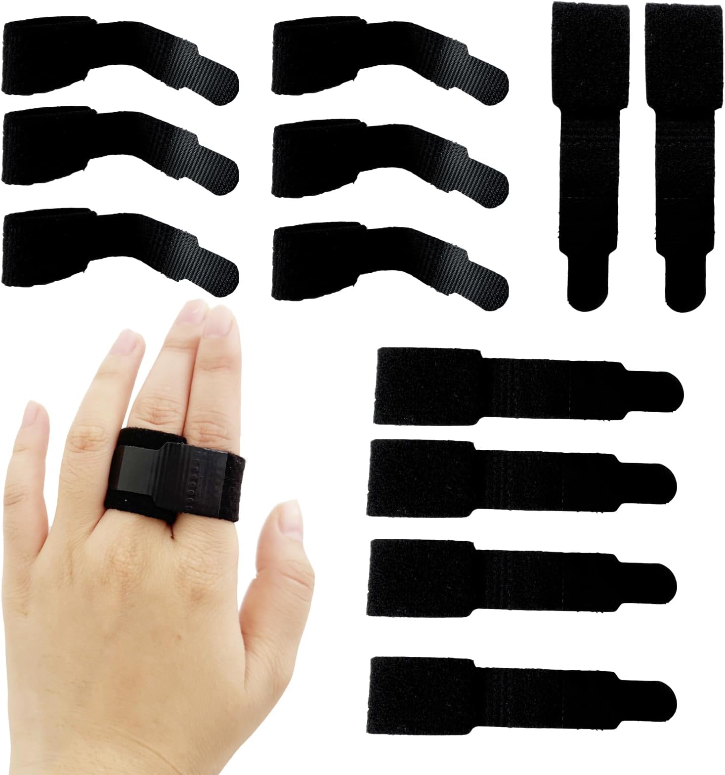 12 Pack Buddy Tape Finger Straps With Padded No-Slip Hook and Loop Are A Washable and Reusable Finger Splint Solution To Support Injured Fingers (Black)