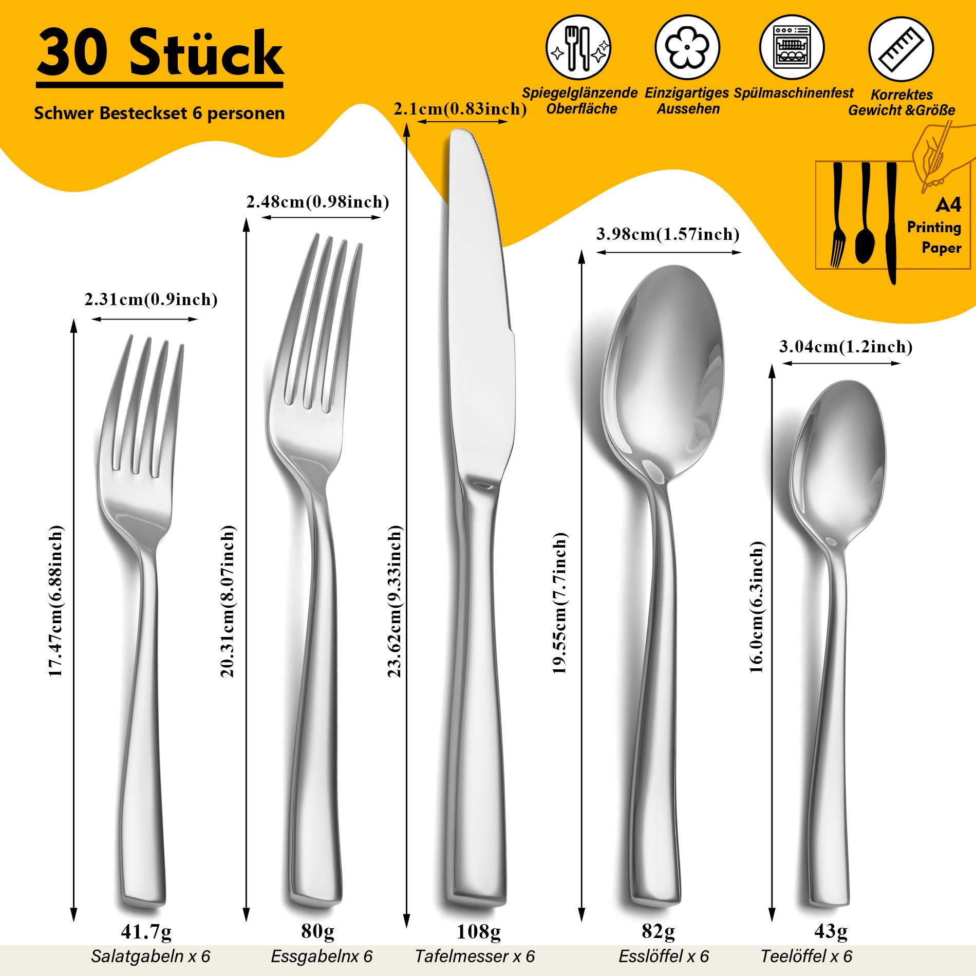 Juego de cubiertos pesados, EIUBUIE cuberterias completas 6 personas | 30 piezas, mangos gruesos, cubiertos acero inoxidable, pulido espejo, apto para lavavajillas, cuchillo cuchara tenedor