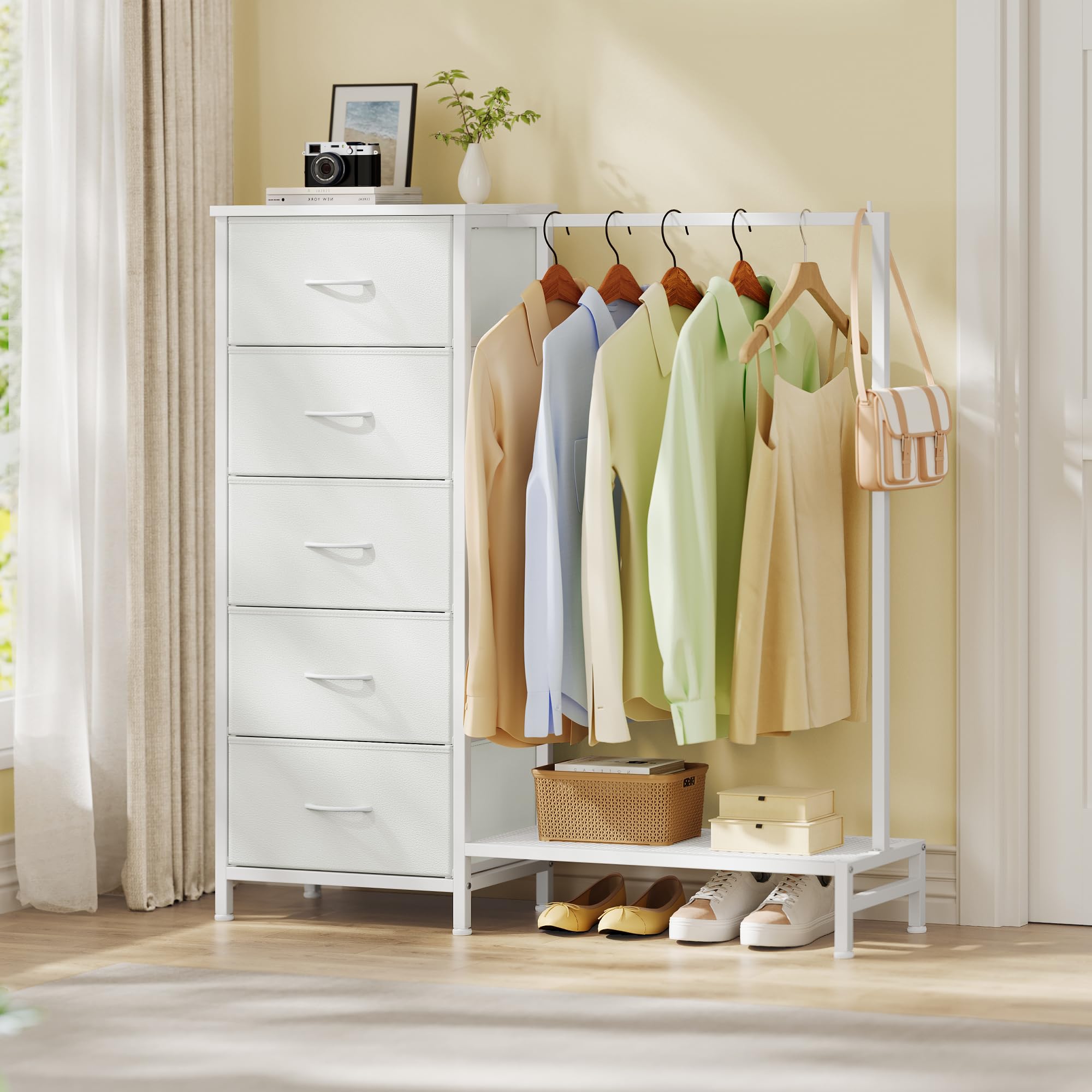 SONGMICS Chest of Drawers, 5 Fabric Drawers, Freestanding Wardrobe with Hanging Rail and Bottom Shelf, 96.2 x 30 x 117.7 cm, for Bedroom, Closet, Hallway, Living Room, Cloud White LGS423W101
