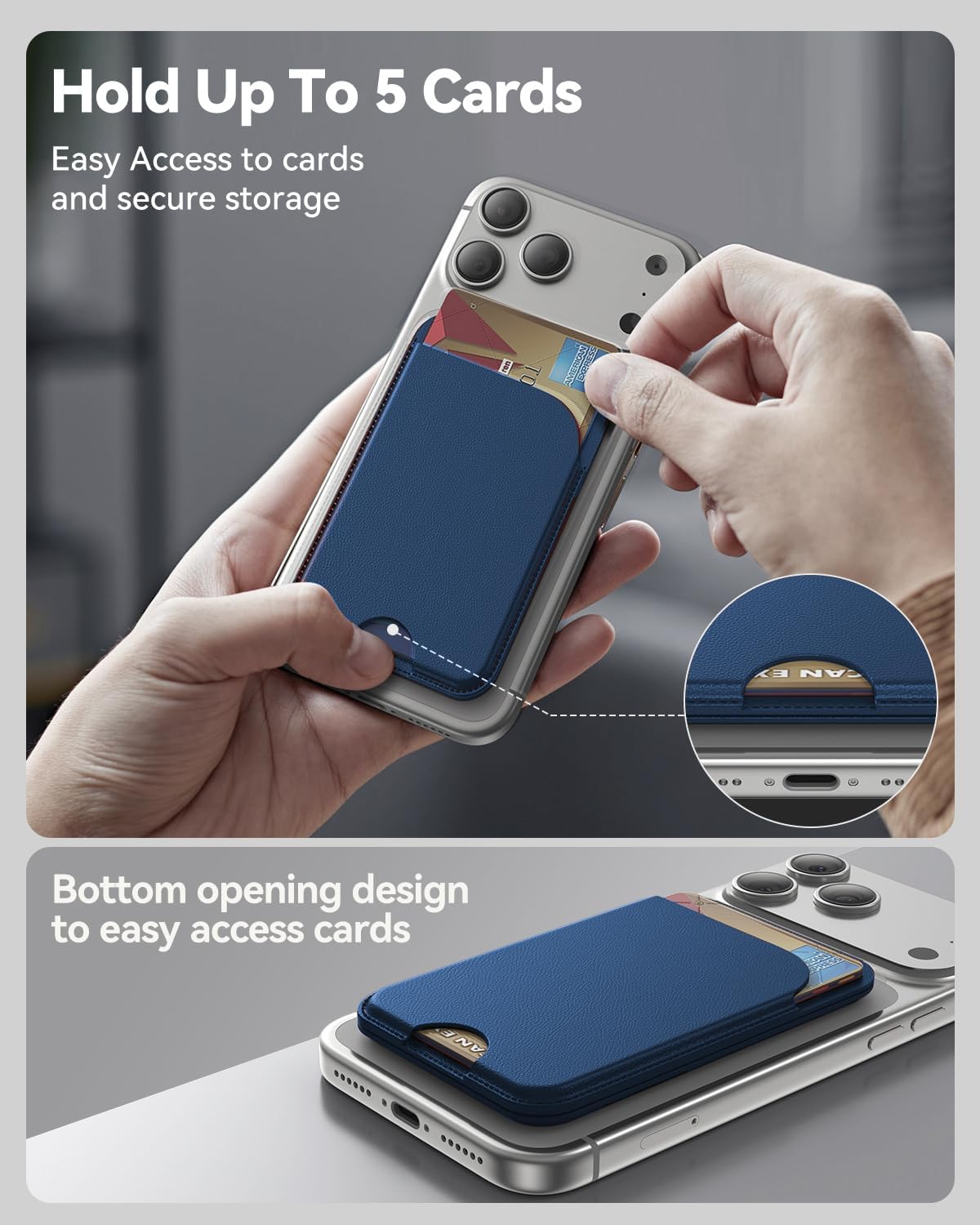 TWZKG for MagSafe Wallet, 5 Cards Holder with Stand, Magnetic Phone Wallet Stand for iPhone 17/16/15/14/13/12 Pro Max Air Plus Series, RFID Blocking Vegan Leather,Navy Blue