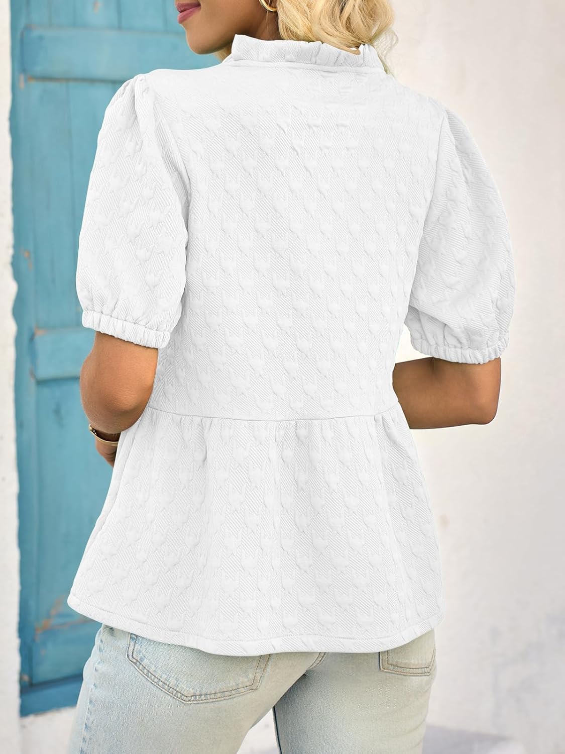 Cicy Bell Womens Peplum Puff Sleeve Tops Dressy Casual Summer Textured Blouses V Neck Ruffle Pleated Shirts - Image 7