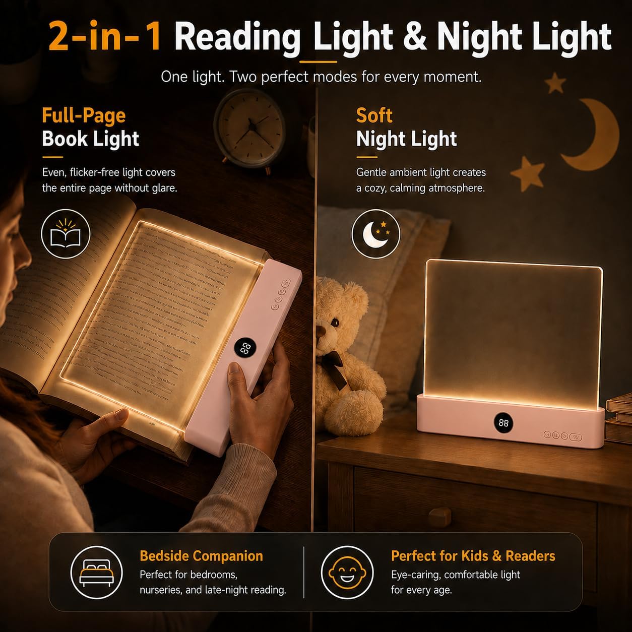 Smart 2-in-1 LED Book Light for Night Reading – Rechargeable Full-Page Reading Lamp with 3 Color Temperatures, Eye-Friendly, Portable Bookmark Light, Funny Gifts for Kids, Students&Book Lovers(Pink)
