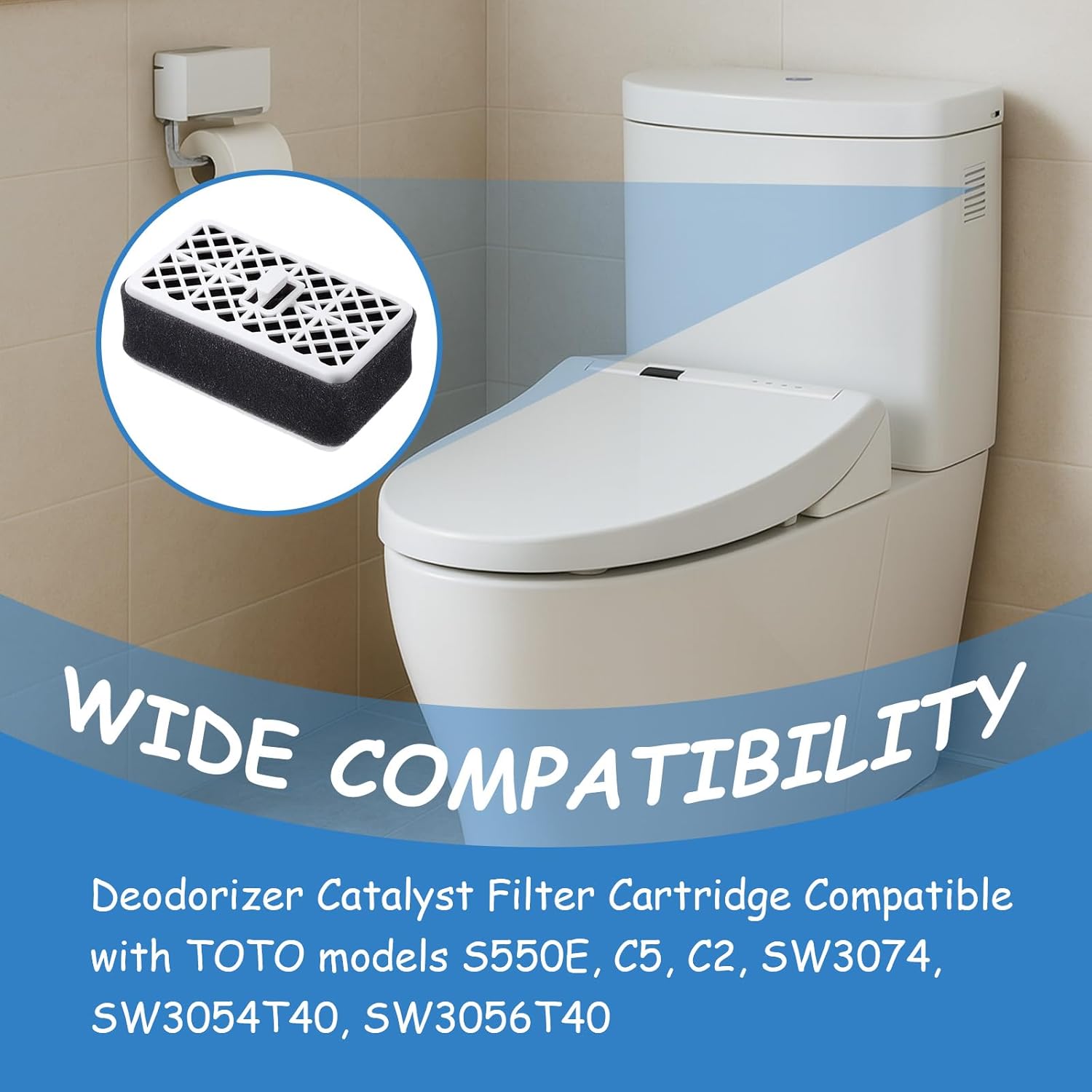 Deodorizer Catalyst Filter Cartridge Compatible with Toto Washlets THU6474-01, THU6072, S550E, C5, C2, SW3074, SW3054T40, SW3056T40 Bathroom Toilet Carbon Air Filter Replacement (2 PCS)