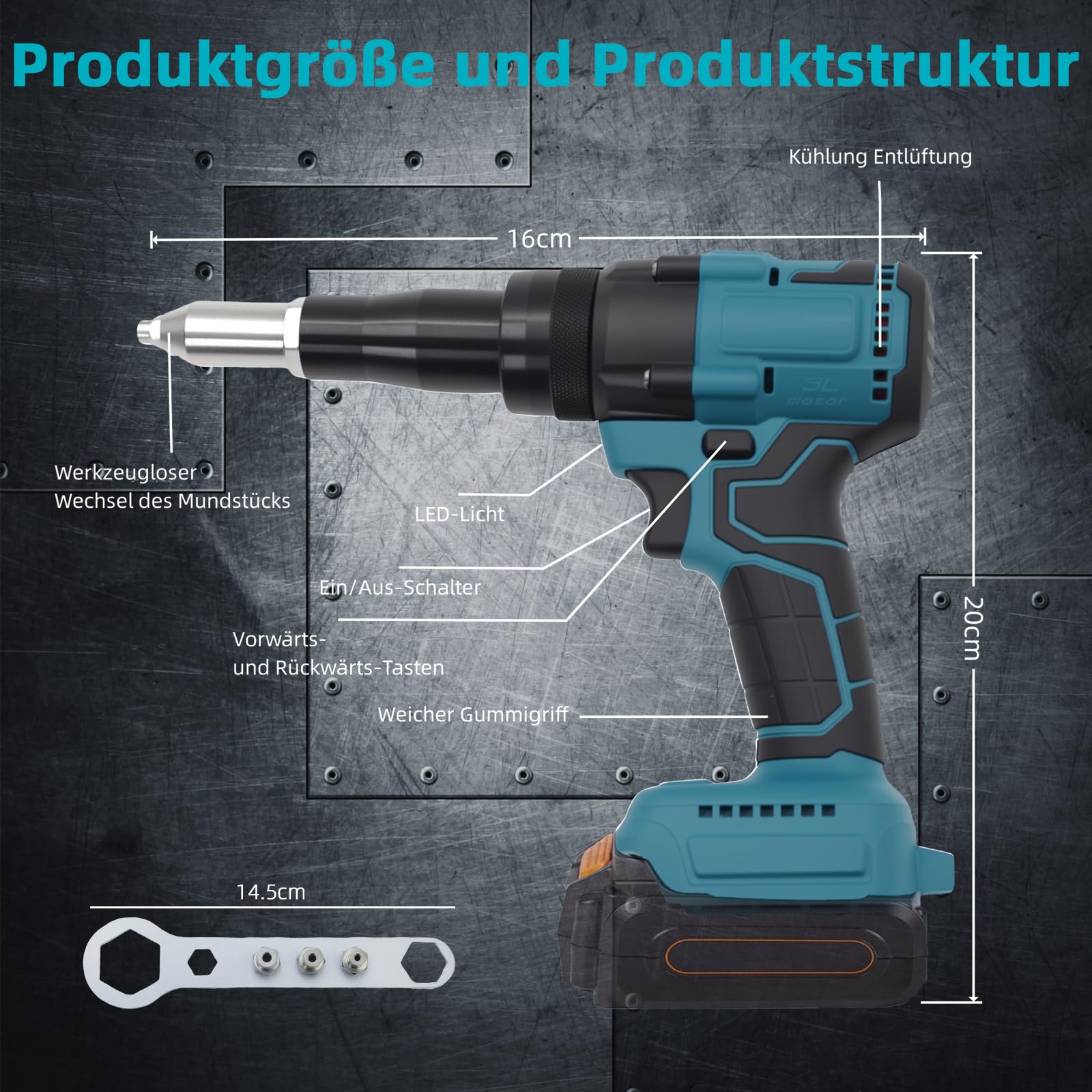 Rivettatrice a batteria senza spazzole con luce LED, compatibile con batterie agli ioni di litio Makita da 18 V, ideale per cantieri, riparazioni auto e fai da te, senza batteria
