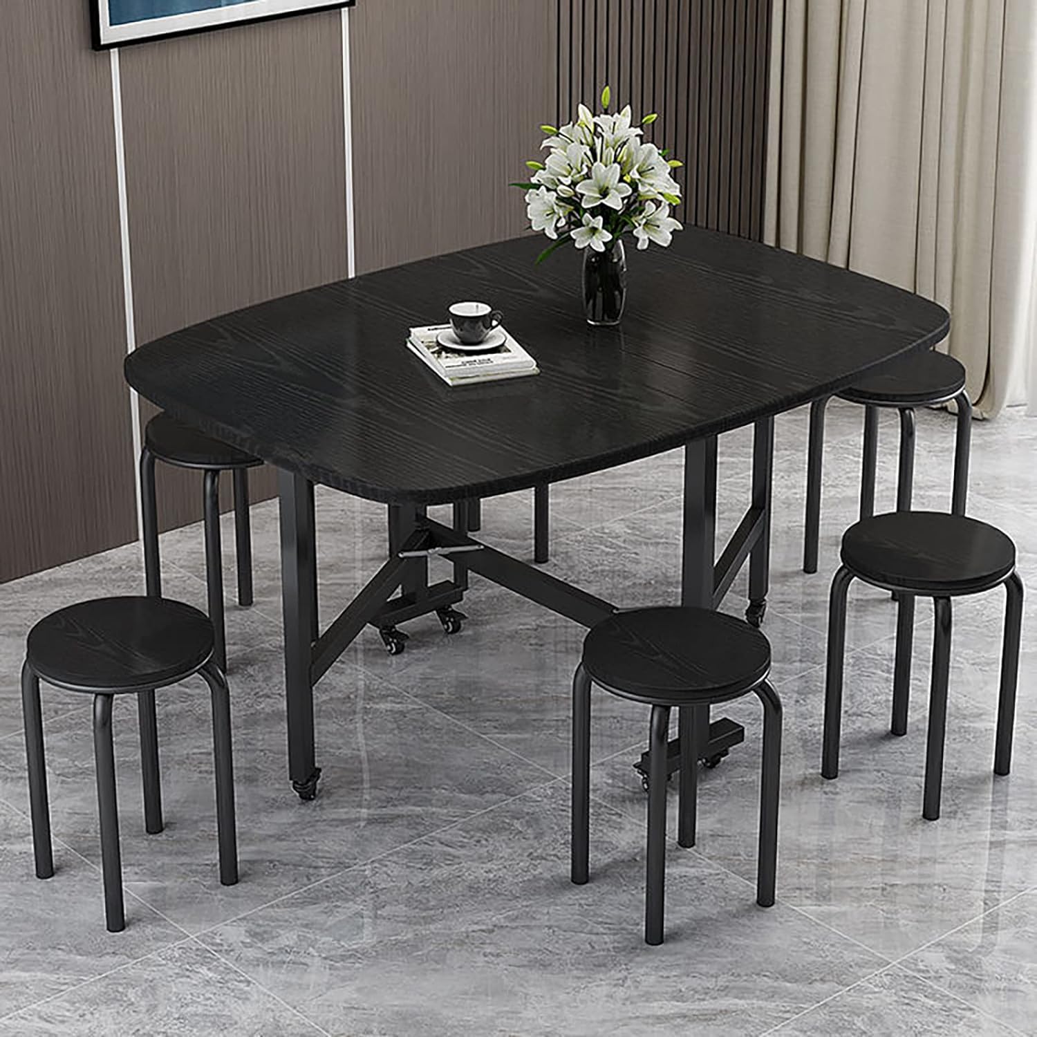 Table de salle à manger pliante blanche avec motif papillon extensible Table de cuisine rectangulaire sur roulettes universelles pour une mobilité facile et un rangement compact