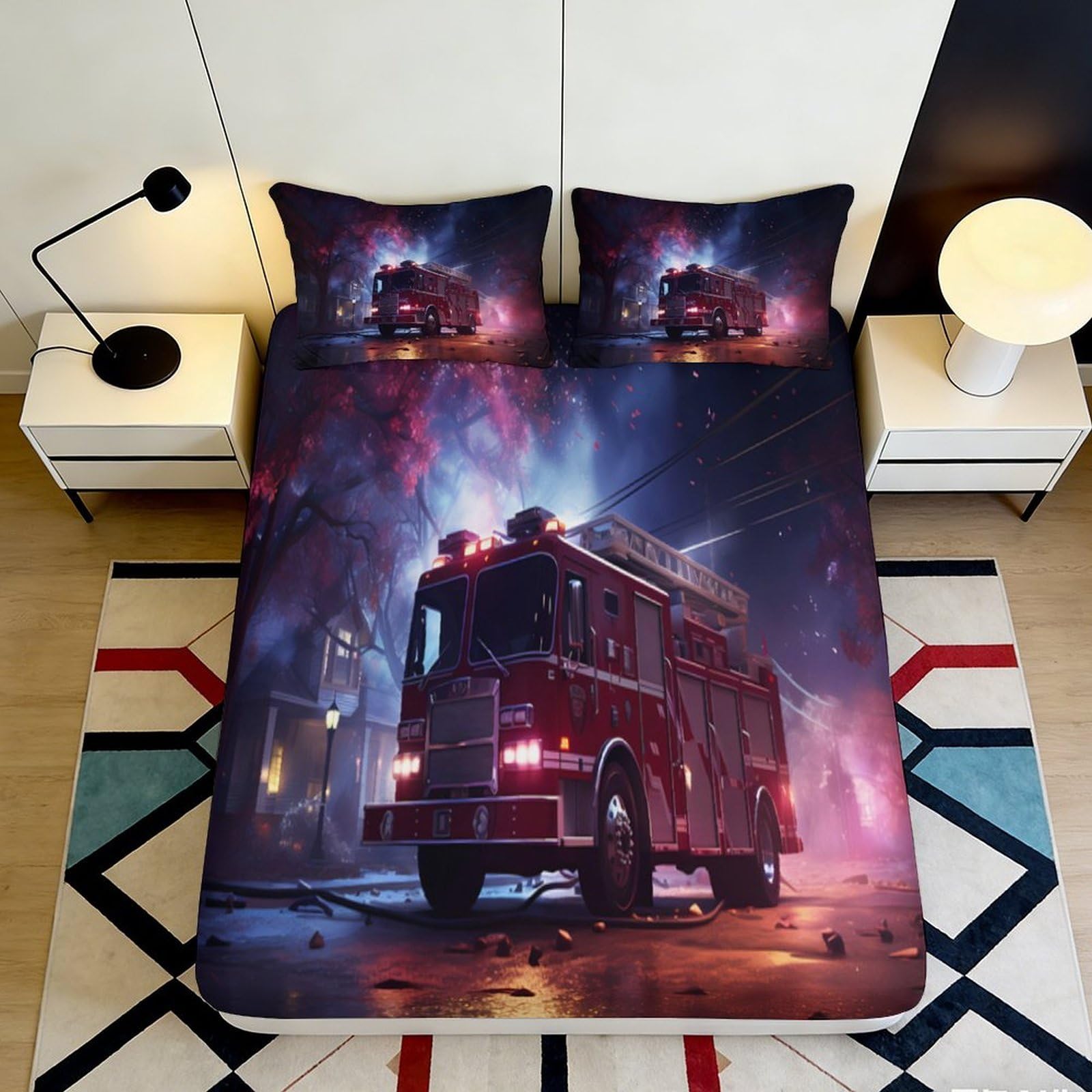 3D Printed Fire Truck Fitted Sheet Microfiber Soft Red Night City Mattress Cover for Bedroom Dorm Easy Care Decor 90x200x25cm