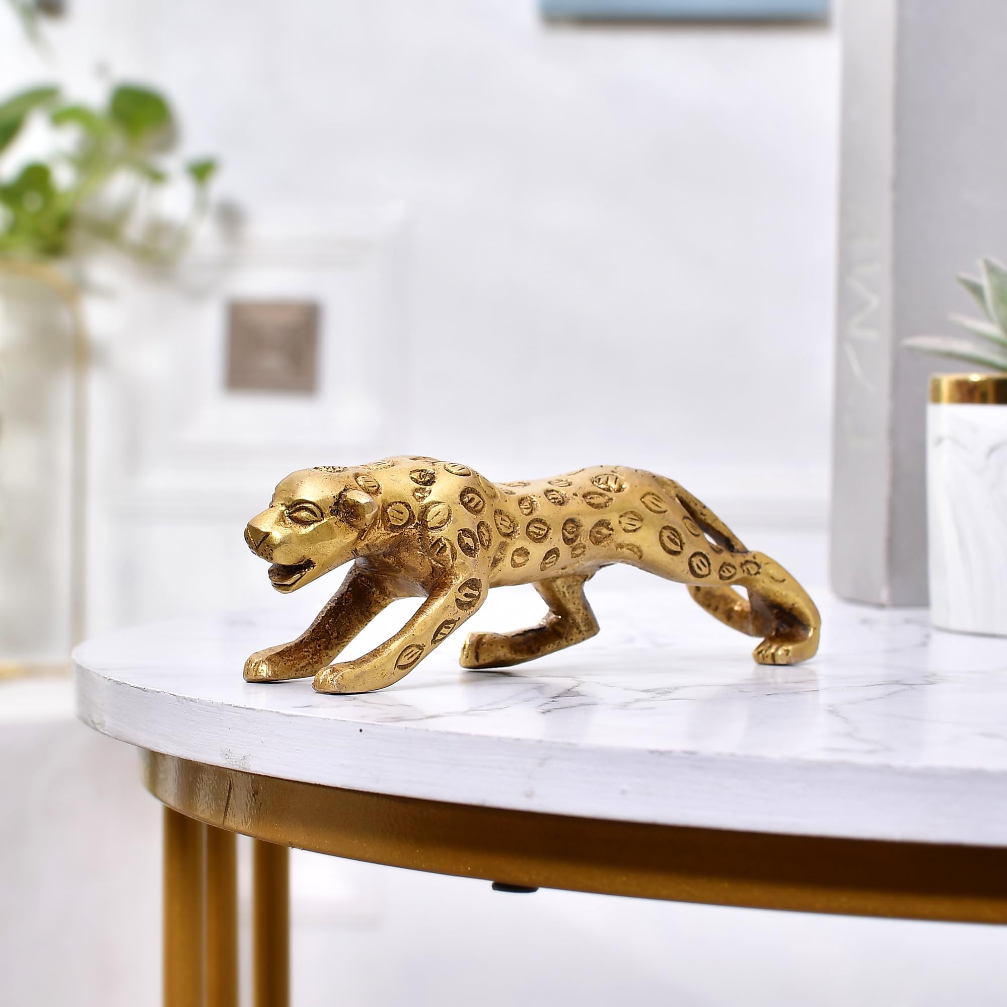 CraftVatika Golden Panther Jaguar Sculpture Brass Showpiece for