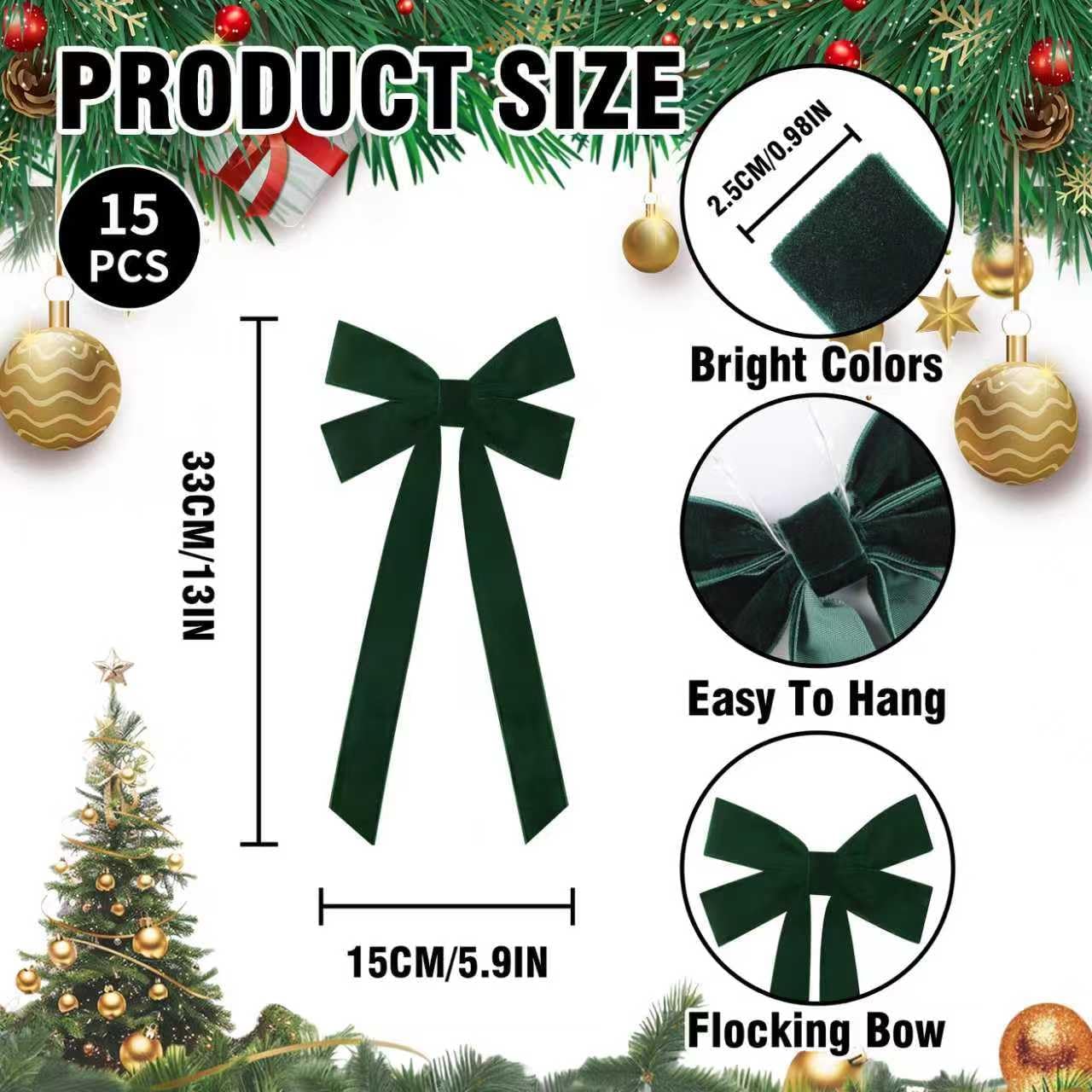 JOICEE 15Pcs Velvet Ribbon Bows Christmas Tree Wreath Bows Decorations