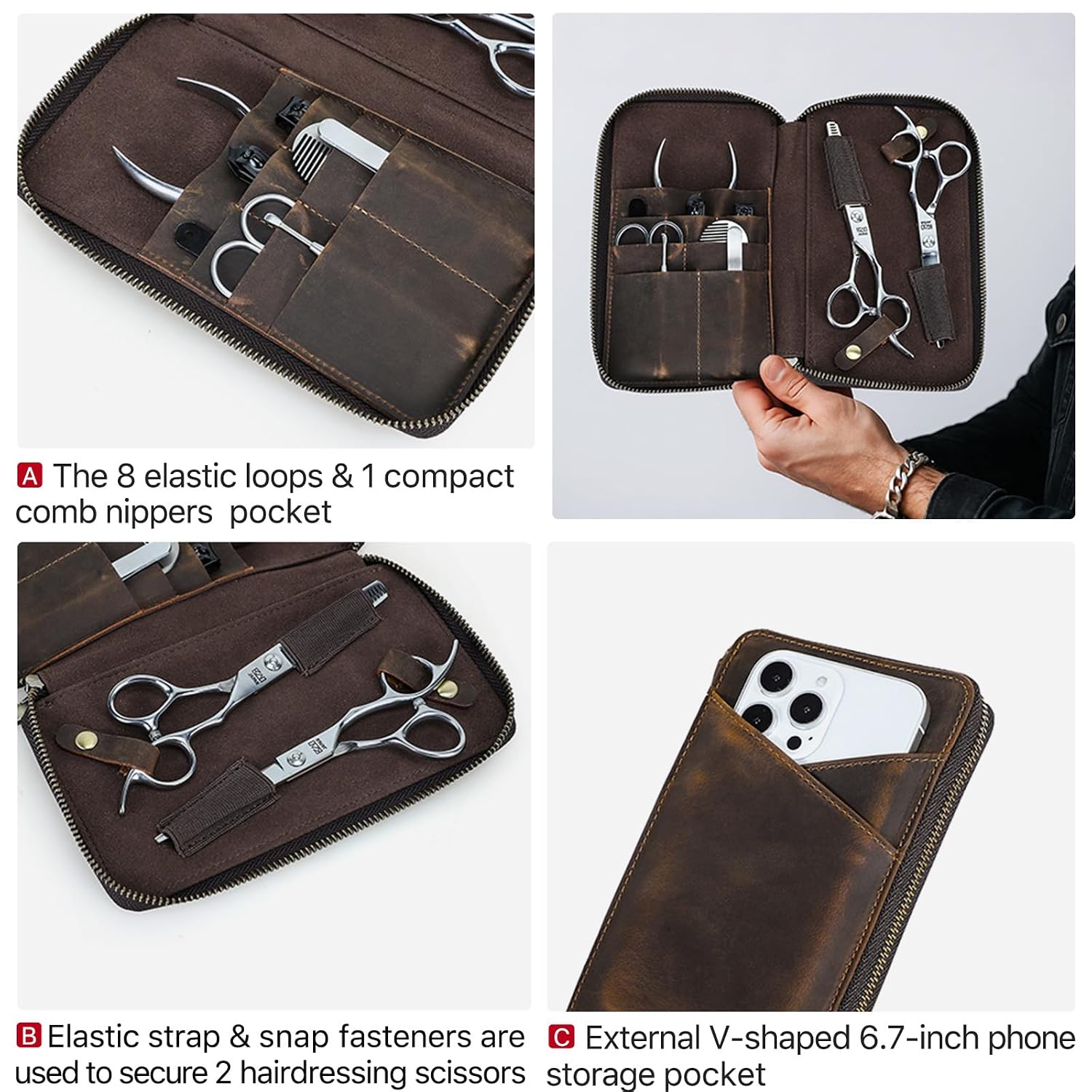 Hiram Handmade Leather Hairdressing Manicure Set Case 2-in-1 Travel Groomer Organizer Pouch with Scissors Holder Oil Nubuck Cowhide Case for Nail Tools & Combs External Phone Pocket