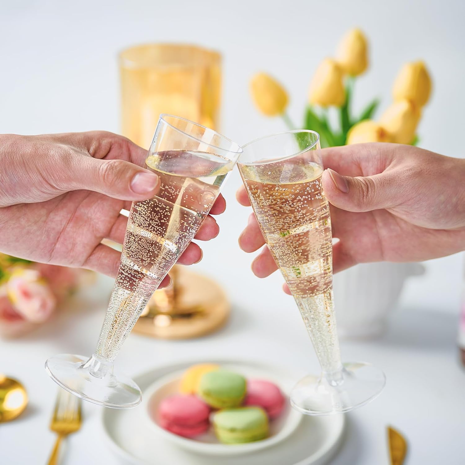 FOCUSLINE 100 Pack 4.5 Oz Plastic Champagne Flutes, Clear Plastic Champagne Glasses, Disposable Toasting Glasses Recyclable Cups for Wedding Party - Image 8