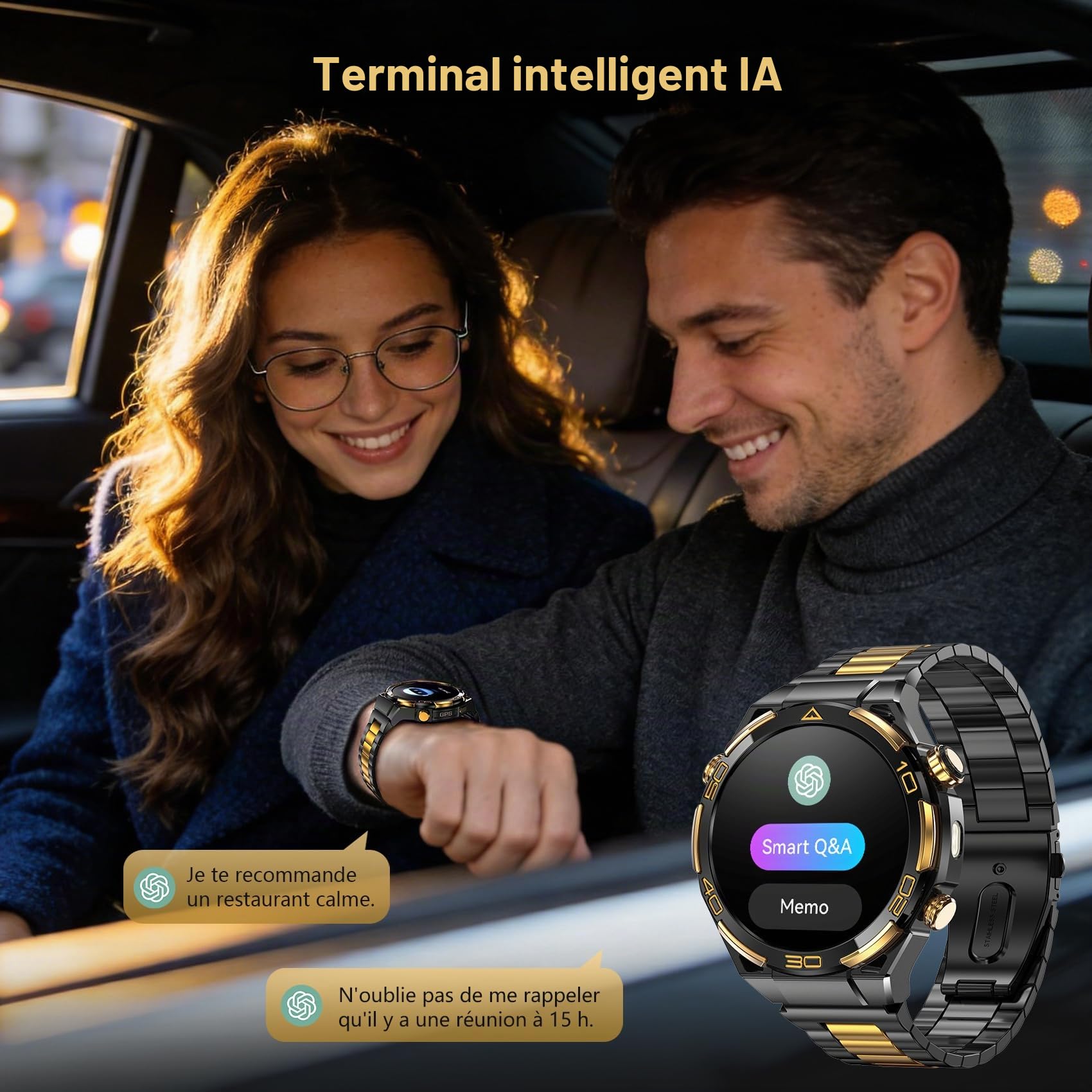 IOWODO Montre Connectée Homme, Style Business Luxueux avec Incrustation en Or 14K, ChatGPT AI, GPS et Boussole, écran AMOLED 1,43", Appels Bluetooth, Autonomie de 20 Jours, Cadrans IA, Suivi de Santé