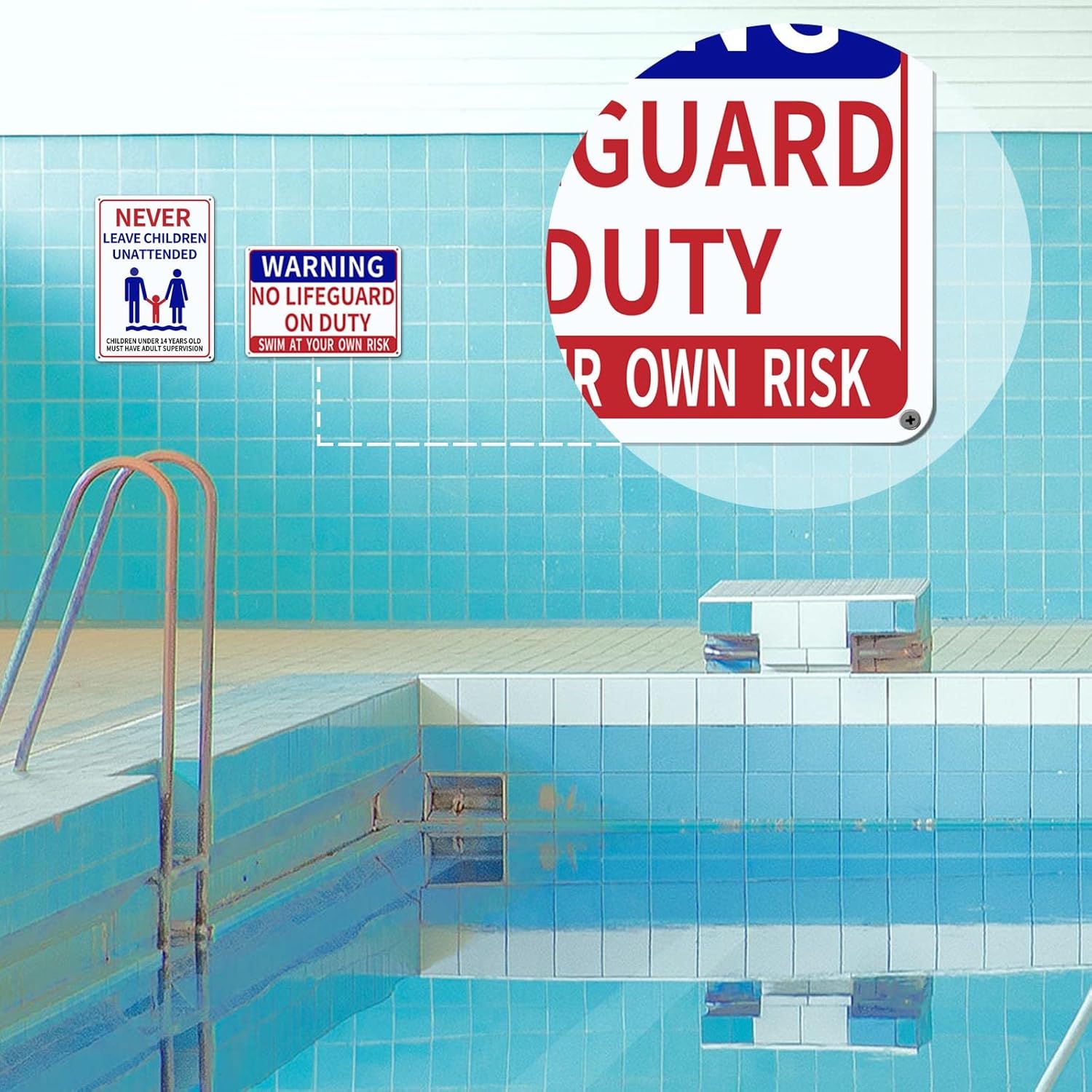 2 PACK Pool Sign, 10x14 In and 0.040 Aluminum Pool Safety Signs and Decor for Outdoor, No Lifeguard on Duty-Sign Swim at Your Own Risk and Never Leave Children Unattended Safety Signage