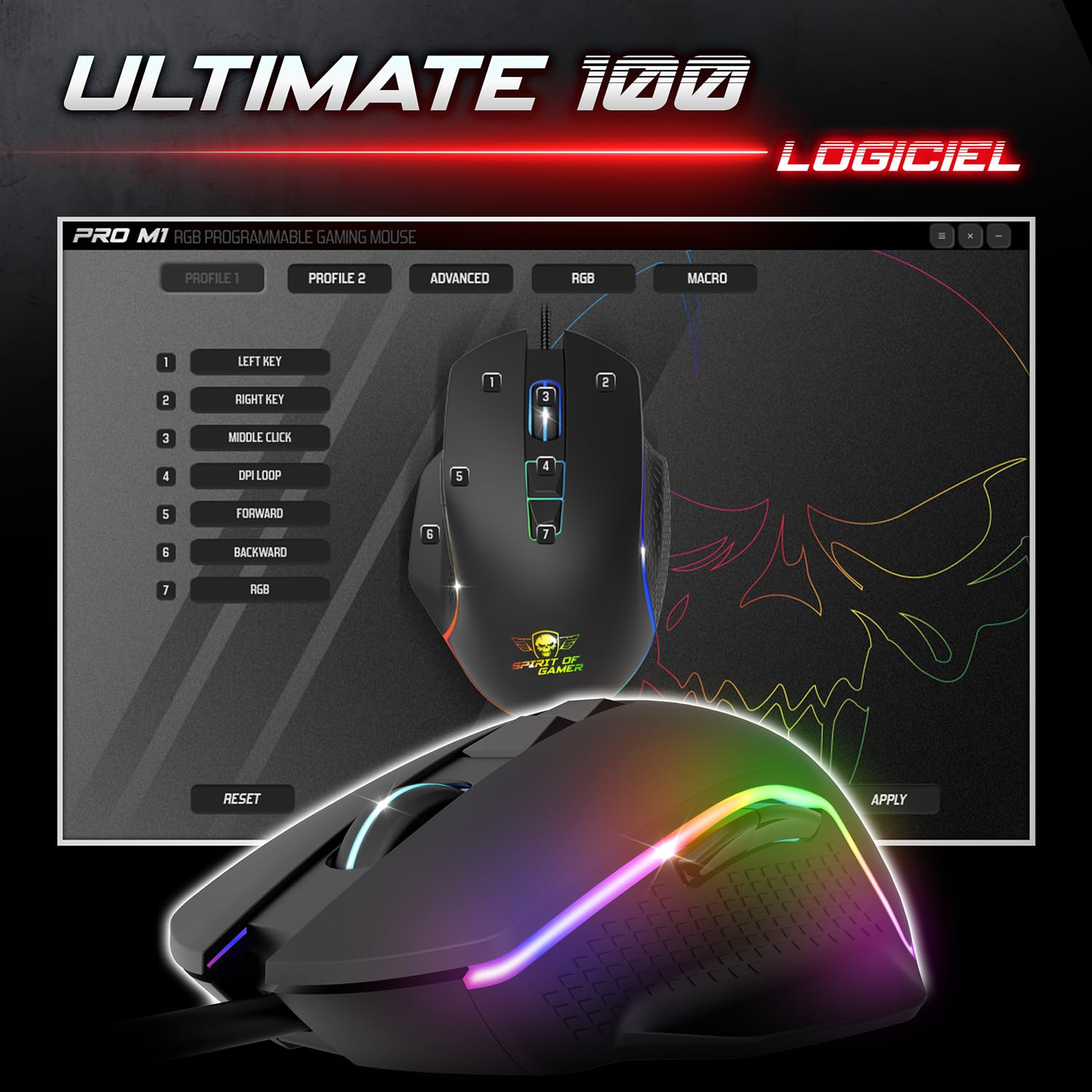 Spirit of Gamer - Ultimate 100, Pack Tastiera Mouse Gamer 4in 1 cablata RGB, Cuffie Gaming & Tappetino in tessuto, Tastiera semi-Meccanica AZERTY FR, 6 Tasti Anti-Ghosting, Mouse Gamer 7 Pulsanti 8000
