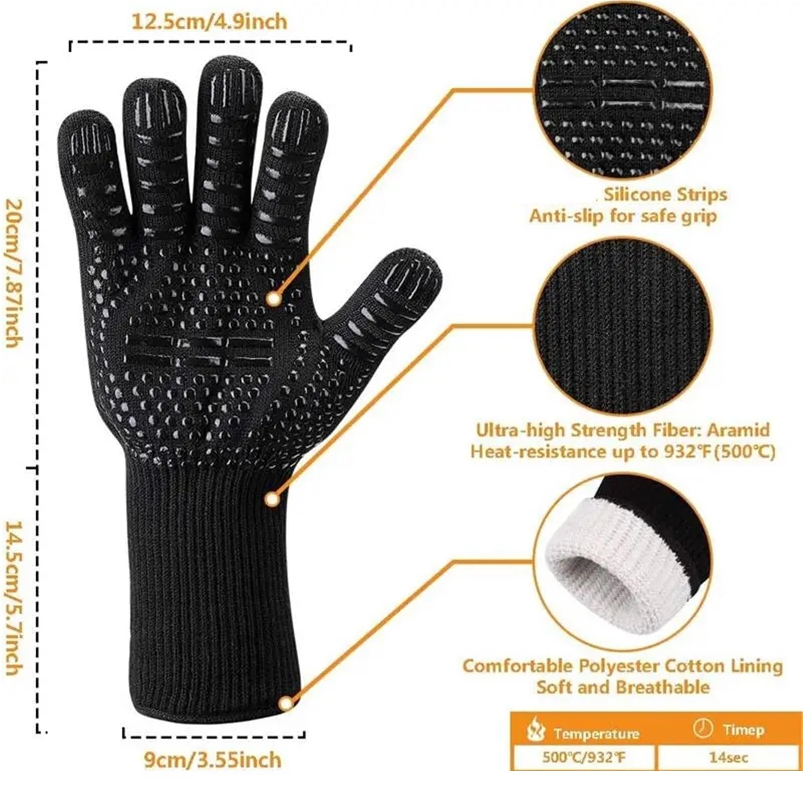 Gants de Barbecue 1472 ° F résistants à la Chaleur, ignifuges, Longs en Silicone, Gants grillade for Cuisine, Fumeur, Camping pour Barbecue(Black 1Pair)