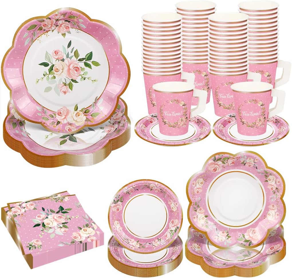 Vesici 150 Pcs Tea Party Decorations Pink Floral Tea Party
