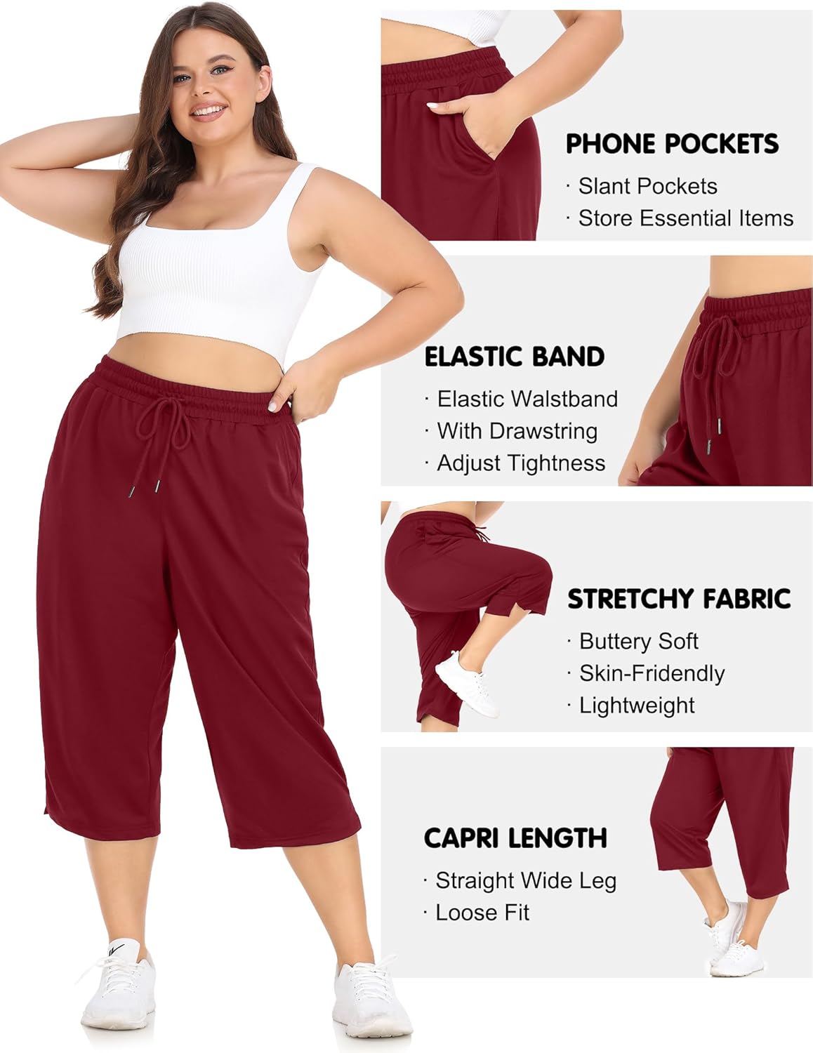 FOREYOND Plus Size Capri Pants for Women Loose Fit Yoga Pants with Pockets Workout Activewear Sweatpants - Image 3