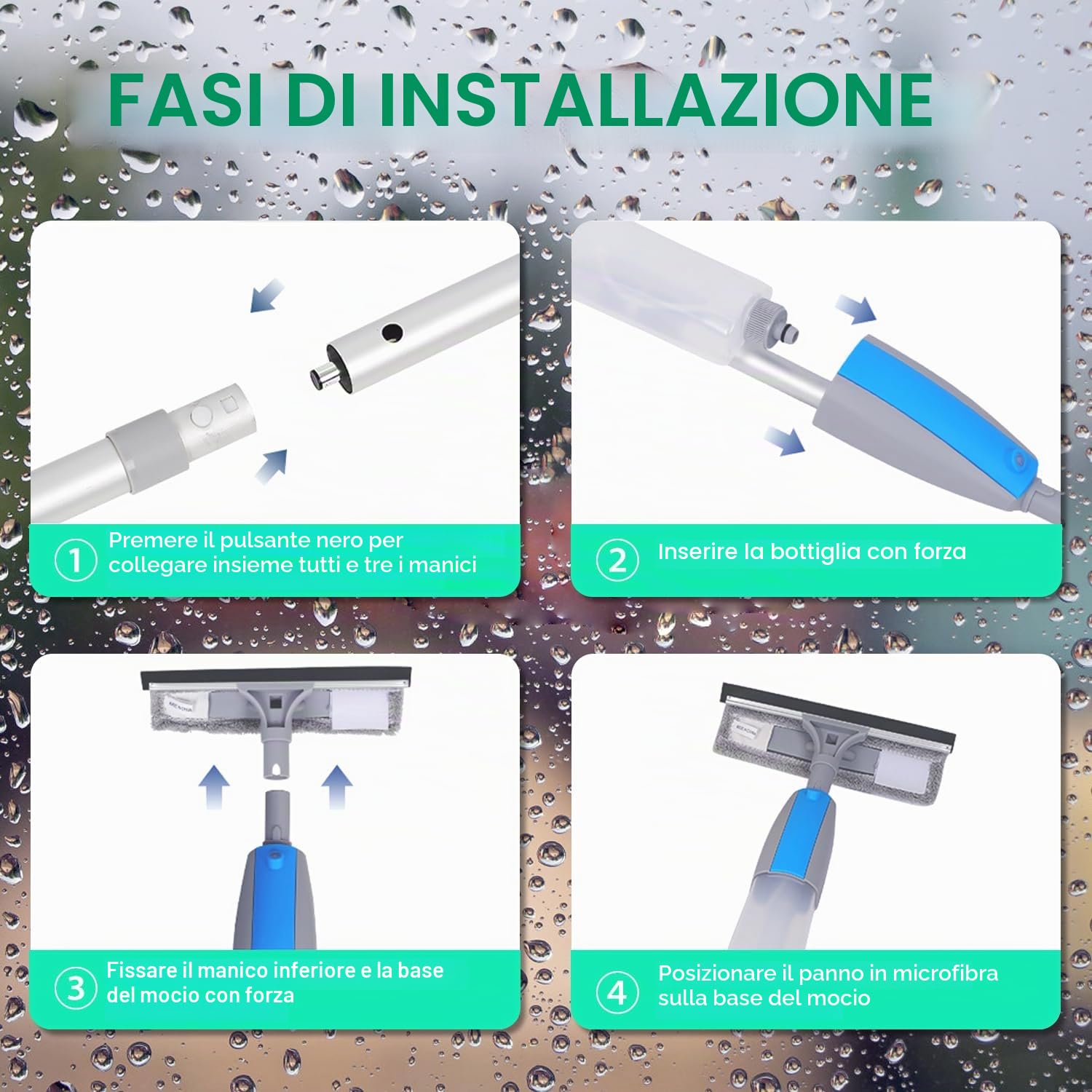 Lavavetri Telescopico 3 in 1, Professionale Lavavetri con Spray, Spazzola Lava Vetri con Manico 190cm per La Pulizia del Vetro Alte in Interni ed Esterni