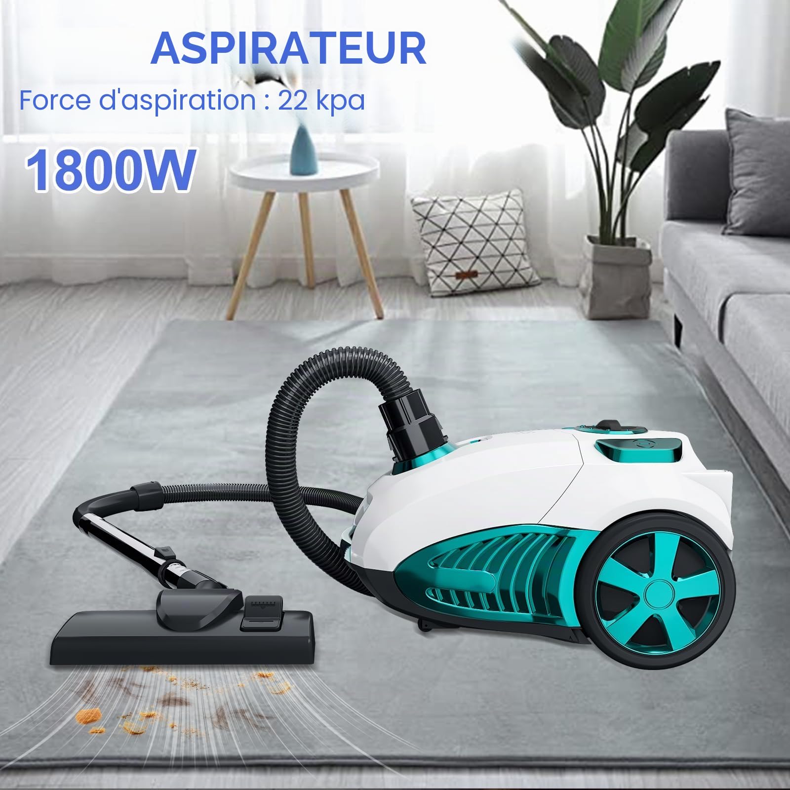 Aspirateur sans sac 1800 W avec filtre HEPA, aspirateur traîneau contrôlable à pied 22 kPa avec câble de 5 m, sans sac à poussière de 4 l, idéal pour les poils d'animaux, brosse de sol pour