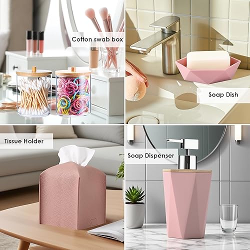 Miniatura 6 de Juego de accesorios de baño rosa, juego de baño de bambú de 10 piezas con bote de basura, bandeja, dispensador de jabón, jabonera, soporte para