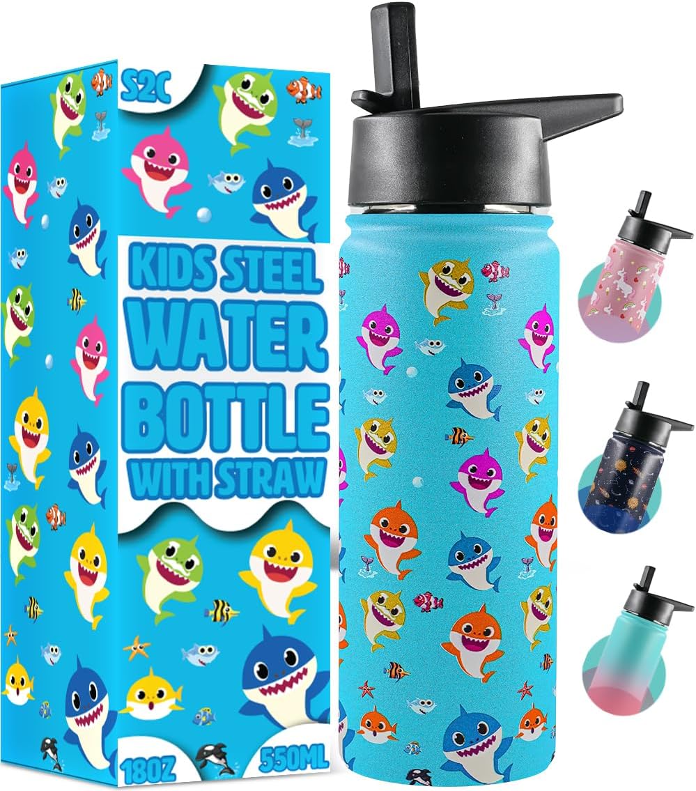 Kids Water Bottle with Straw Lid – 550ml Stainless Steel, Double Wall Insulated, BPA-Free, Leak-Proof Bottle for School & Toddlers (AQUA)