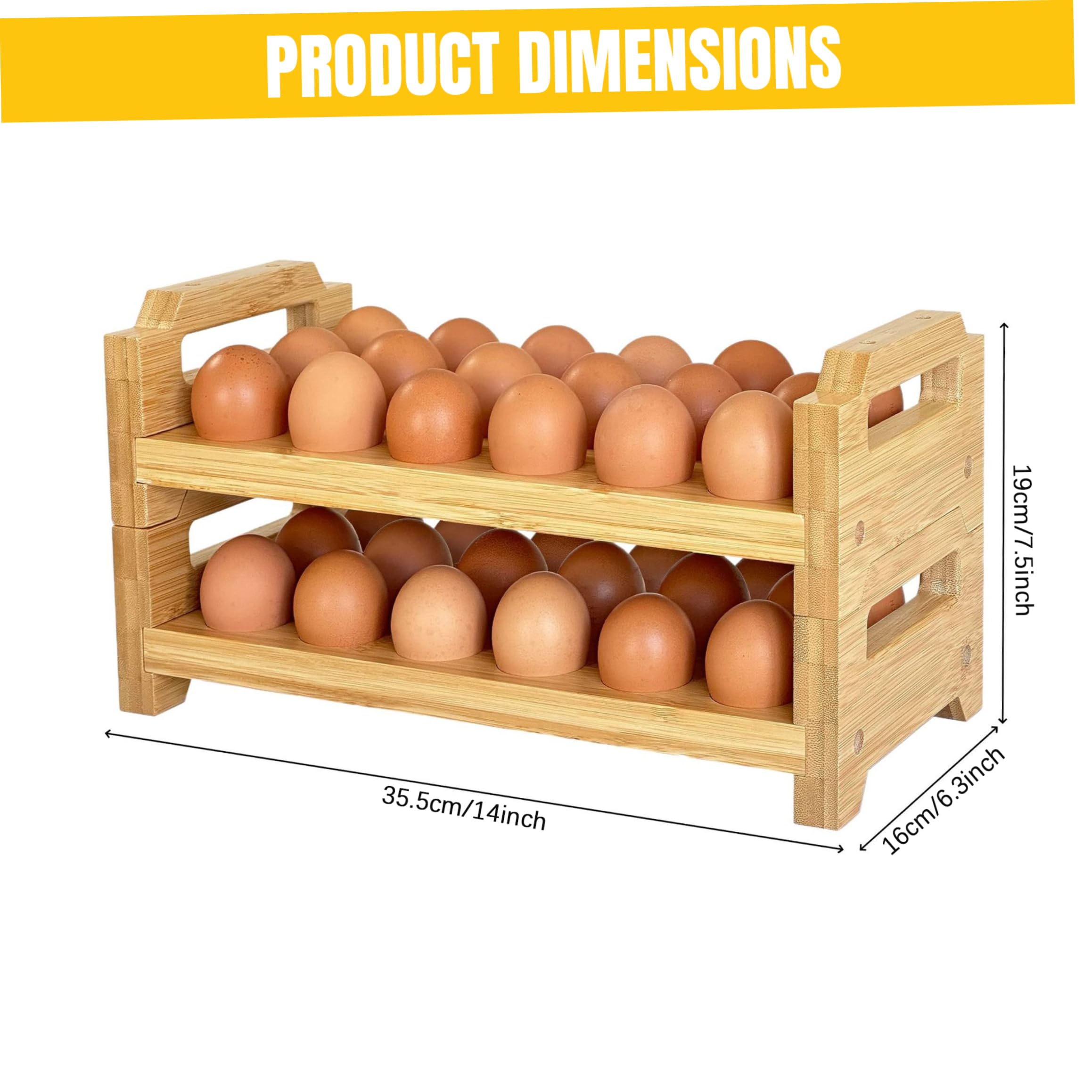 Huevera de bambú de 2 niveles con asa, bandeja apilable para huevos para almacenamiento en cocina y refrigerador, Color Bambú