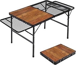 Taimonik キャンプ テーブル メッシュ サイド 収納スペース付き 木目 軽量 折りたたみ コンパクト アウトドア 折り畳み ミニ 机 耐熱 焚き火 ミニ アルミ製 キャンプ用品 ソロ レジャー テーブル 収納携帯便利 おしゃれ 高級 バーベキュー/BBQ/釣り/フェス/車 旅行用 YZZ