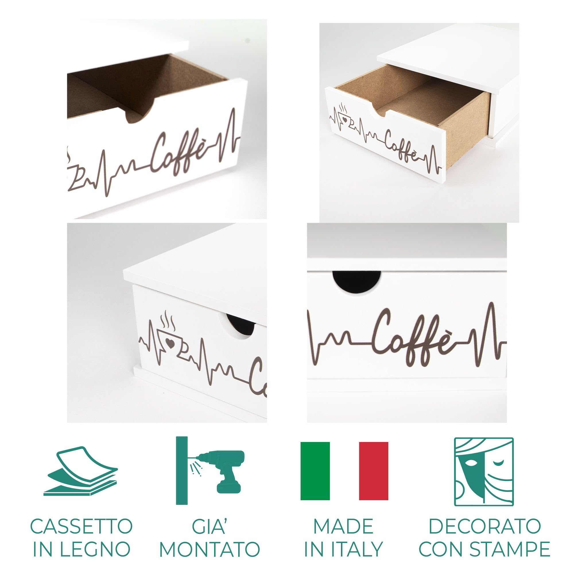 Lupia - Cassetto Porta Cialde Caffè e Porta Capsule 27x33x11 cm CAFFE' RHYTHM, Contenitore Organizer per Caffè, Tè, Tisane e Zucchero, Angolo Bar in Legno Bianco Antimacchia per casa e ufficio