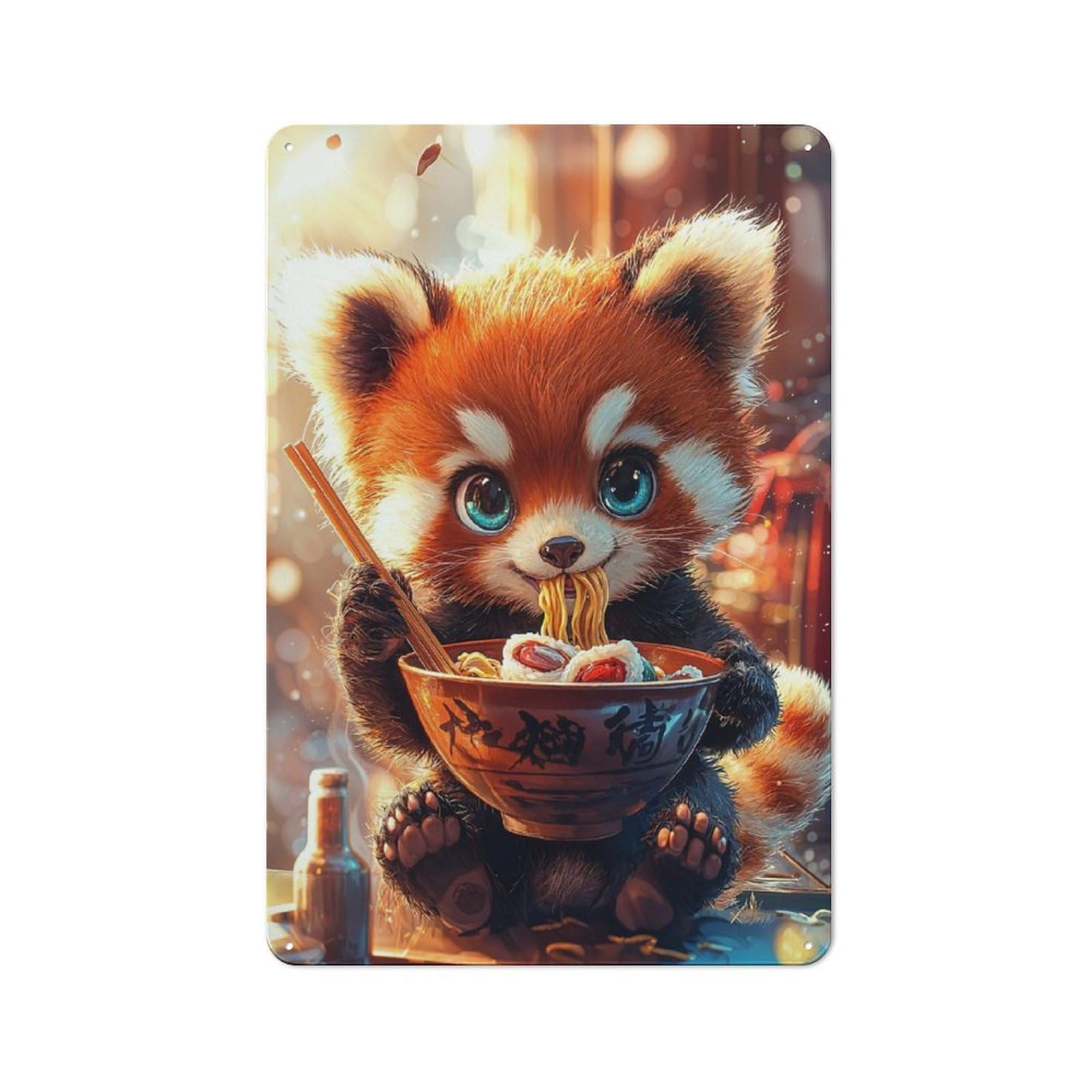 Smart Tin Sign 30x20cm Featuring Red Panda Eating Ramen, Office Wall Decor for Workspace, Cafe, Shop Or Desk Area