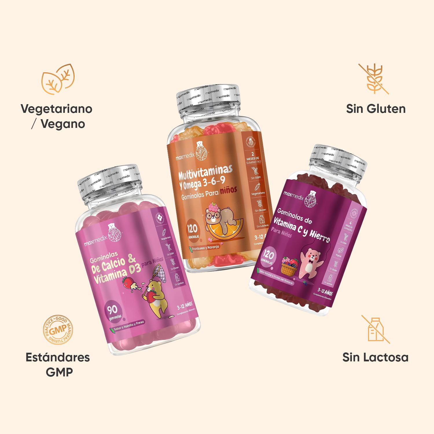 Con Omega 3-6-9, Hierro con Vitamina C y Calcio con Vitamina D3 - Pack de Gominolas Masticables - Sin Gluten ni OGM