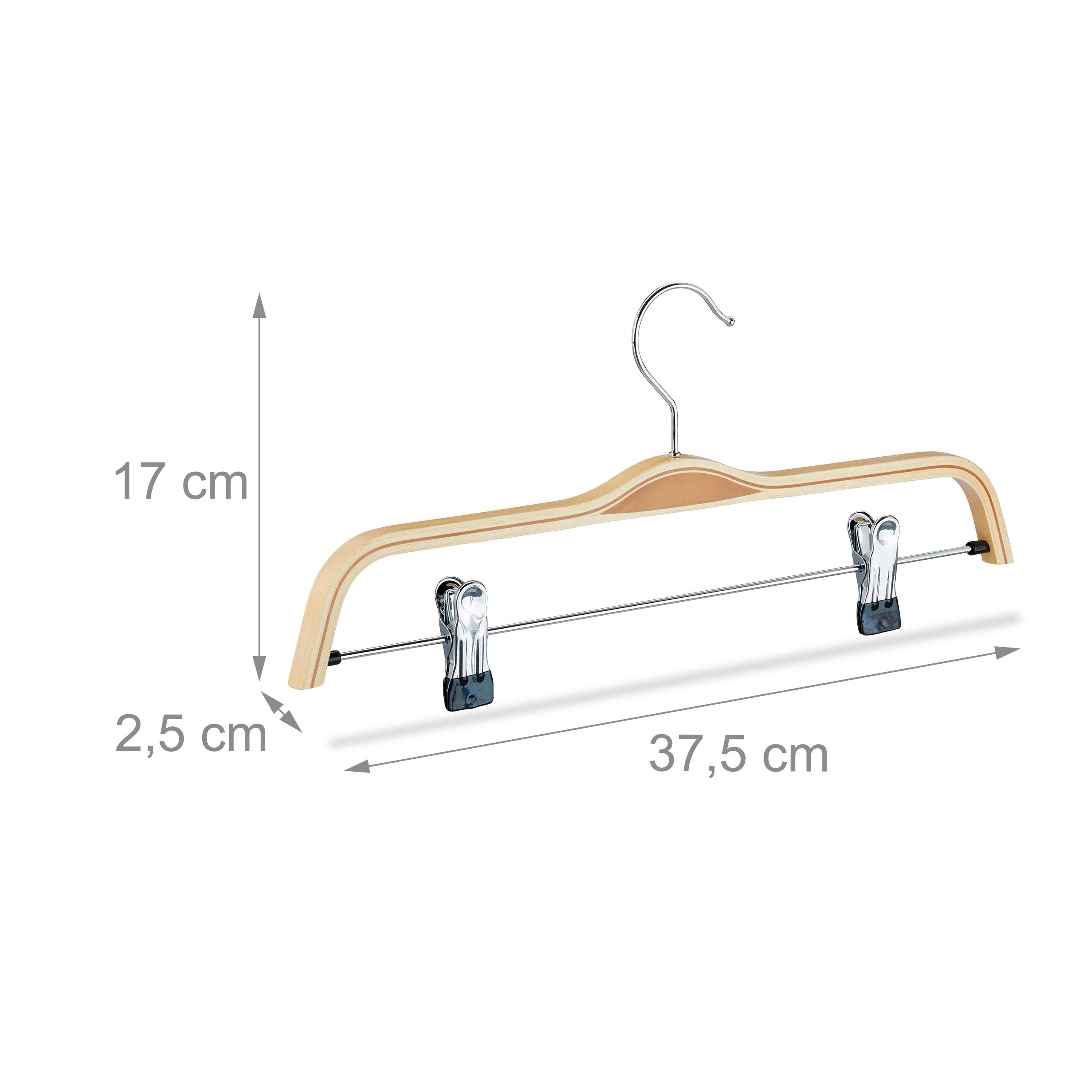 Relaxdays 25 x Hosenbügel Holz, verstellbare & gummierte Clips, 360° drehbarer Haken, Kleiderbügel, 37cm breit, Klemmbügel, Natur