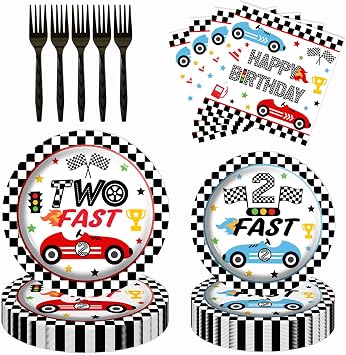 80 Pcs Race Car 2nd Birthday Party Plates, Two Fast Black and White Checkered Flag Plates Napkins Forks Tableware Kit for Baby Boys Racing Car Theme 2nd Birthday Party Supplies Decorations