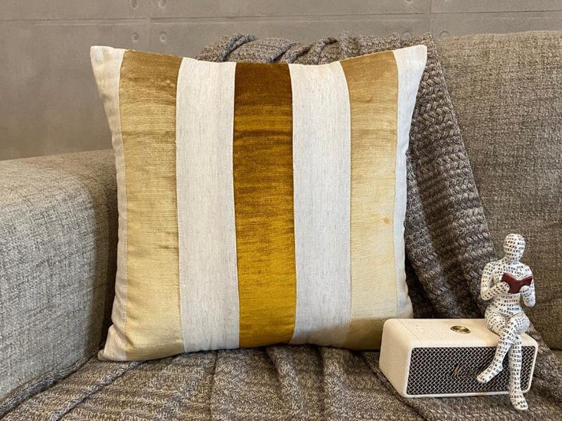 The HomeCentric Striped Decorative Throw Pillow Covers 16" x 16" | Modern Velvet Cushion Cover | Patchwork Gold Pillowcases for Couch, Sofa, Bed, or Living Room - Velvet Band Gold