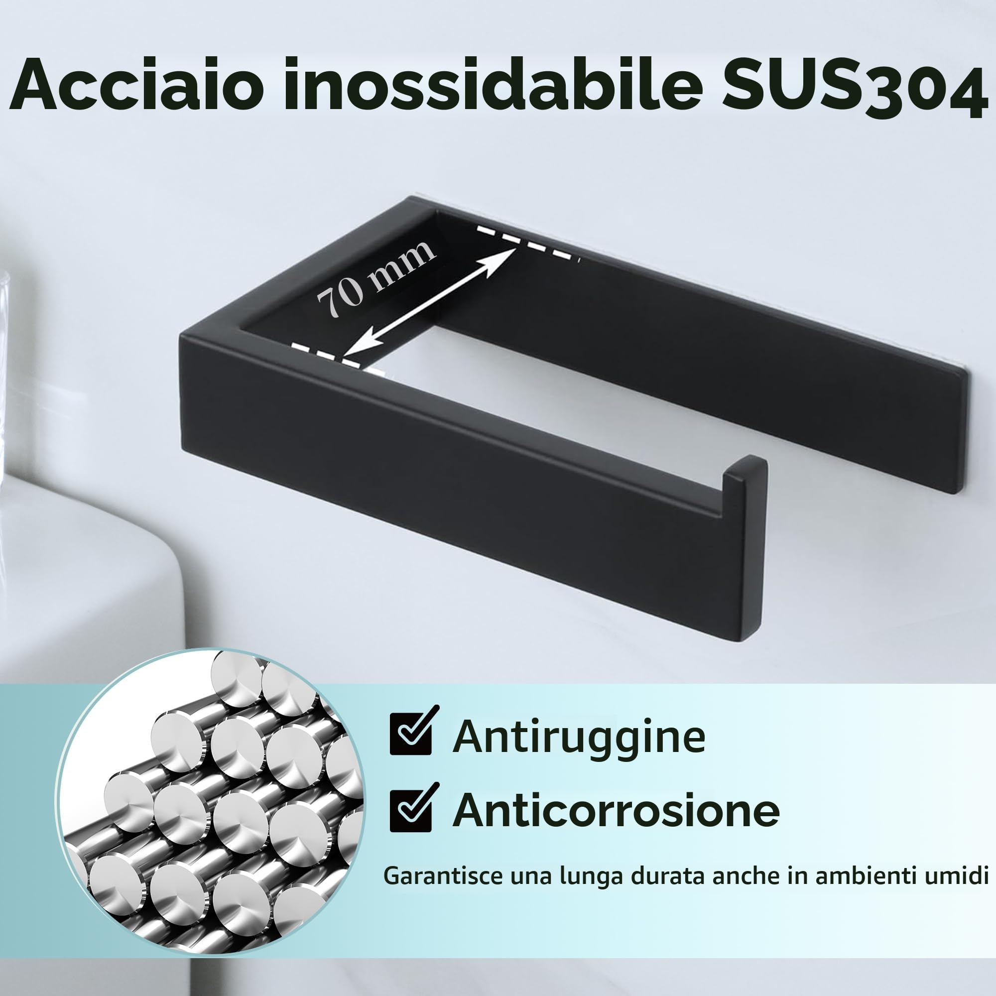 Sayayo Porta Carta Igienica Adesivo Portarotolo Carta Igienica Nero Acciaio Inox 304, Porta Rotolo Carta Senza Foratura per Bagno Toilette Cucina, Destra
