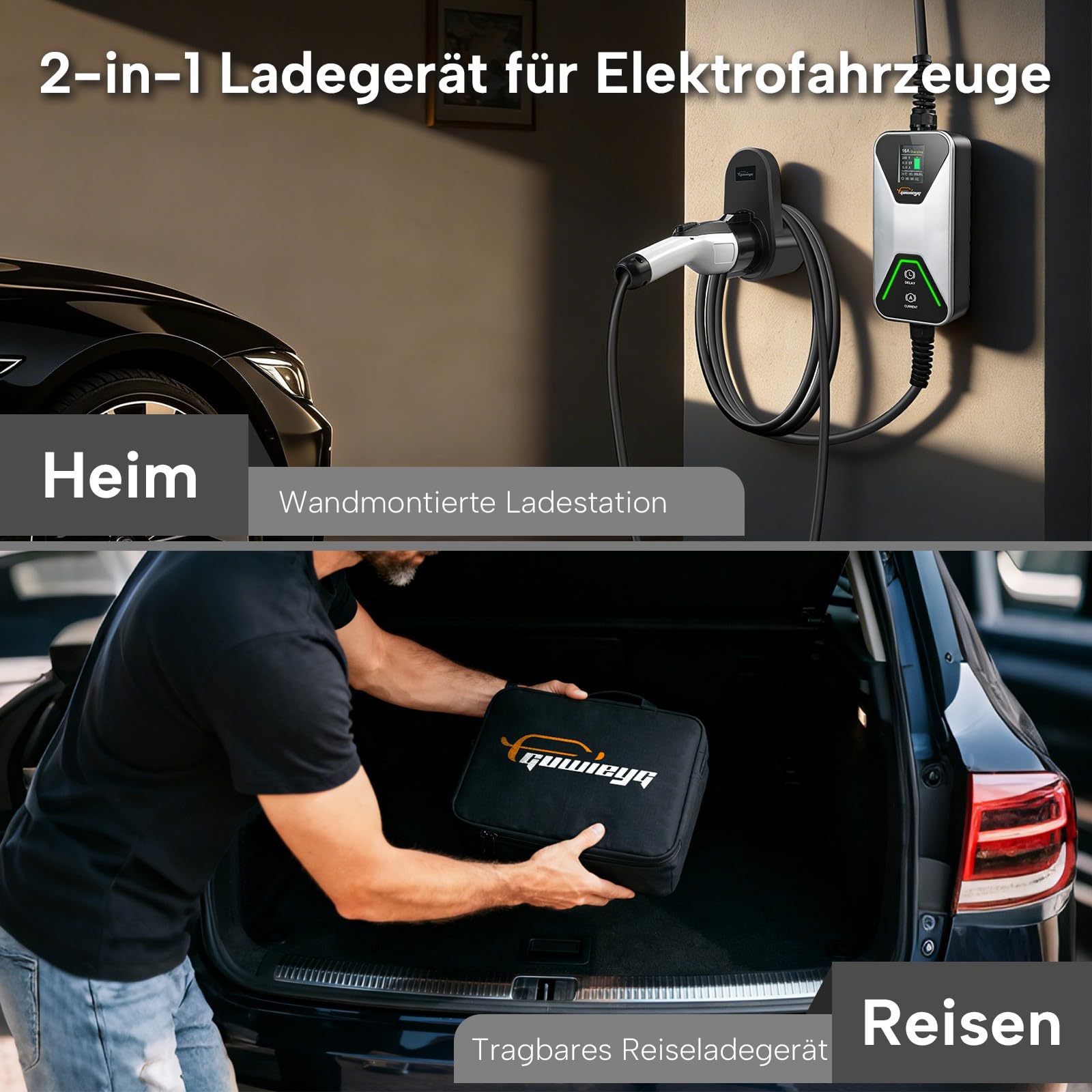 Typ 1 Ladekabel Schuko 16A /3,5kW /5M, J1772 Tragbares Ladegerät | mit Typ 1 auf Typ 2 Adapter, Verstellbarer Strom 8A/10A/13A/16A,LED-Bildschirm,6h Verzögerungstimer, IP66