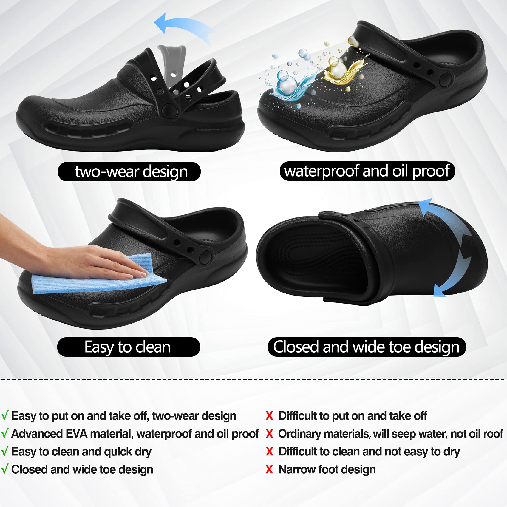 JSWEI Comodi zoccoli da chef antiscivolo scarpe da lavoro da cucina infermiera ospedale giardino lavoro scarpe unisex nero UK6-11…