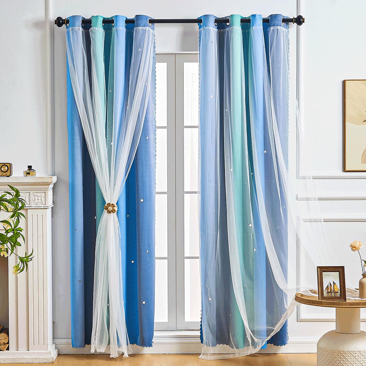 NETMEO Cortinas de Estrellas de 2 Paneles, Cortinas para habitación de niñas, Cortinas Opacas para Sala de Estar, Ventanas para habitación de niños (Azul Verde Gris, 2× L132 × A160 cm)