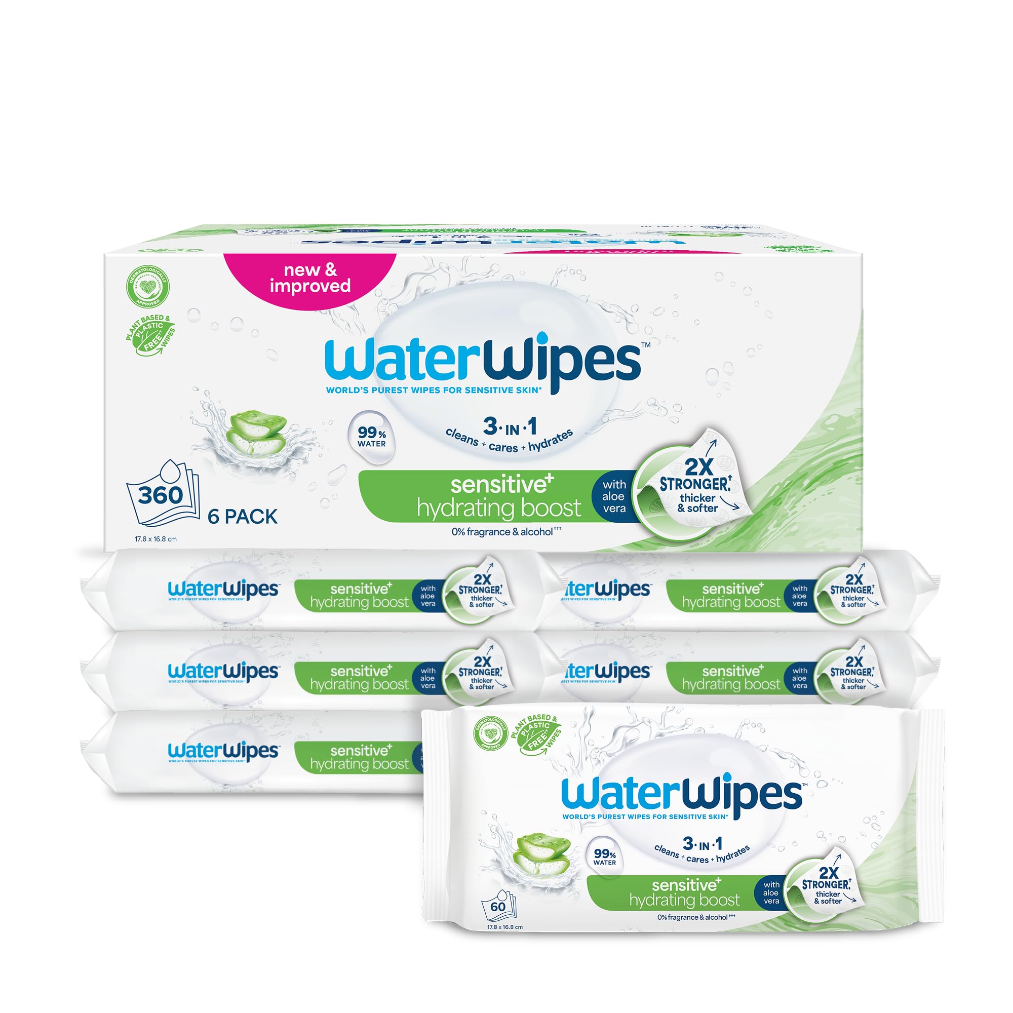WaterWipes Sensitive+ Hydrating Boost Wipes, Salviettine Idratanti, 360 Pezzi (6 Confezioni), 99% Acqua con Aloe Vera, Deterge, Cura, Idrata, Senza Profumo, la confezione può variare