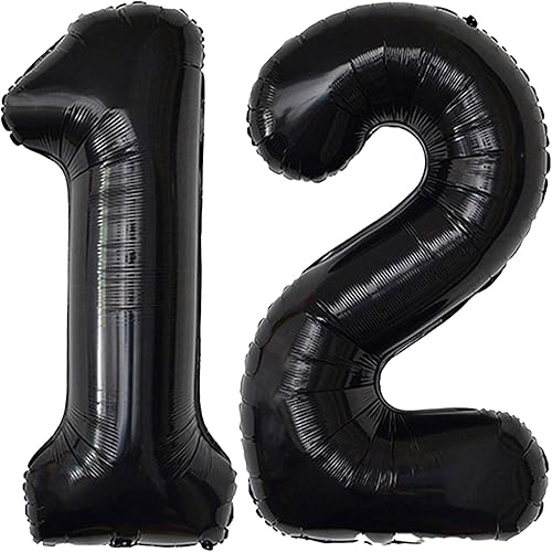 WEIKA 40 Inch Black Foil Mylar Balloon 12th Birthday Decorations for Girls And Boys 12 Birthday Balloon for Girls 12th Anniversary Decoration Birthday Party 21 Birthday Balloon for Girls And Boys