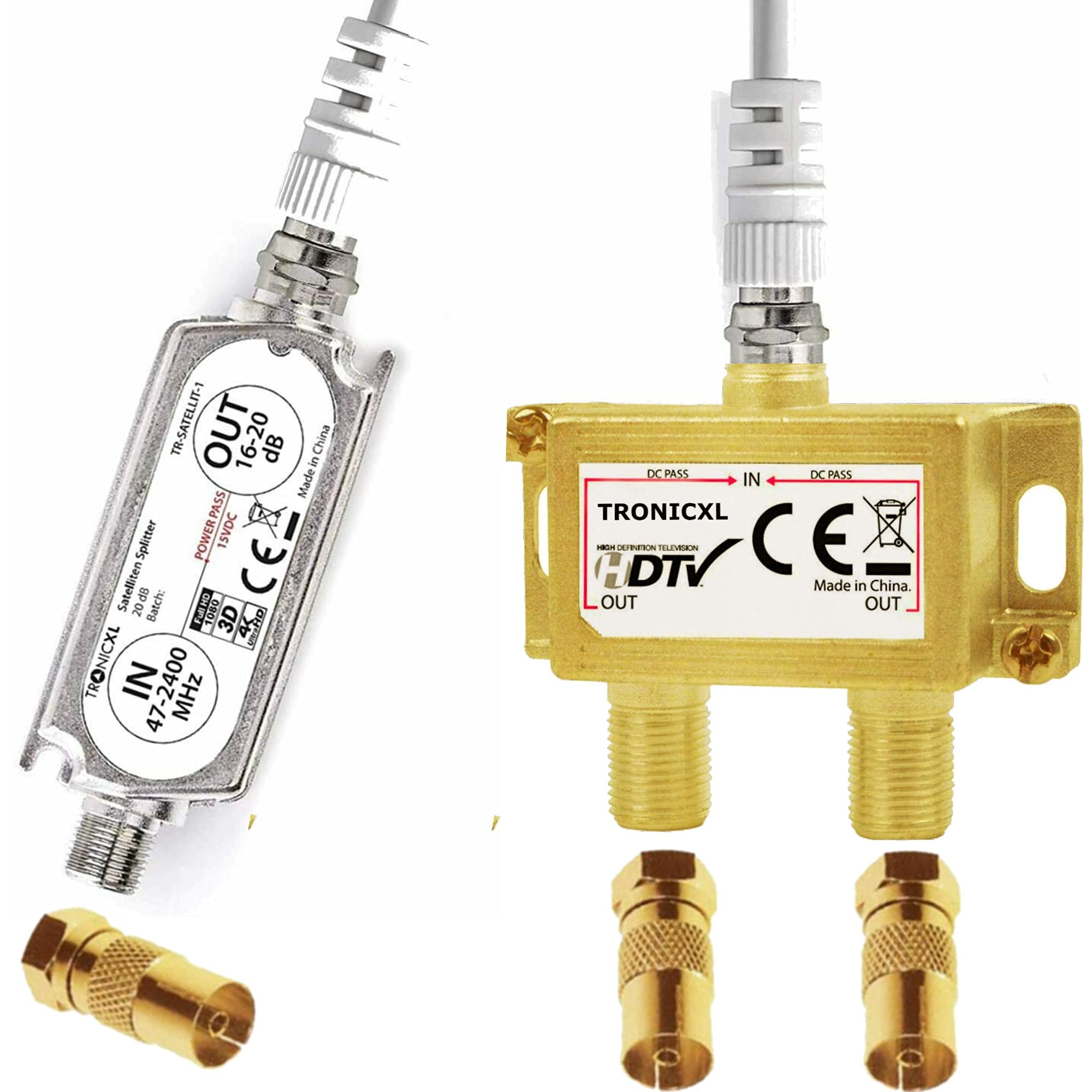 TronicXL Premium 2-Fach Antennenverteiler Splitter mit Sat Verstärker digital HD I für Satellit TV DVBT DVBS Unicable 3D 4K HDTV I Verteiler Weiche Inline für 2 Fernseher F-Stecker + Koax Adapter