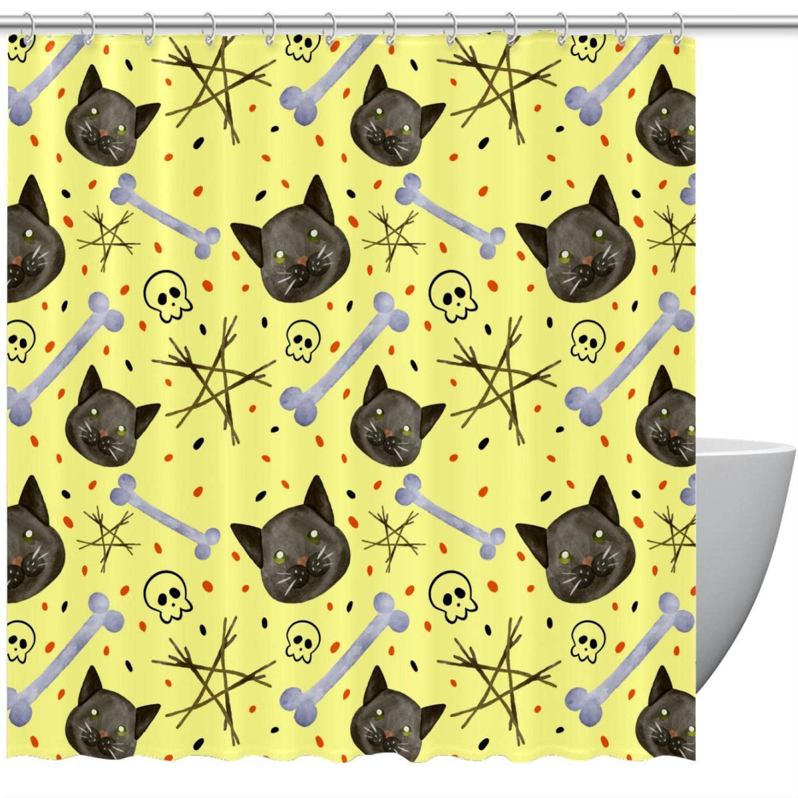 Rideau de douche Halloween chat et os imperméable aux motifs colorés
