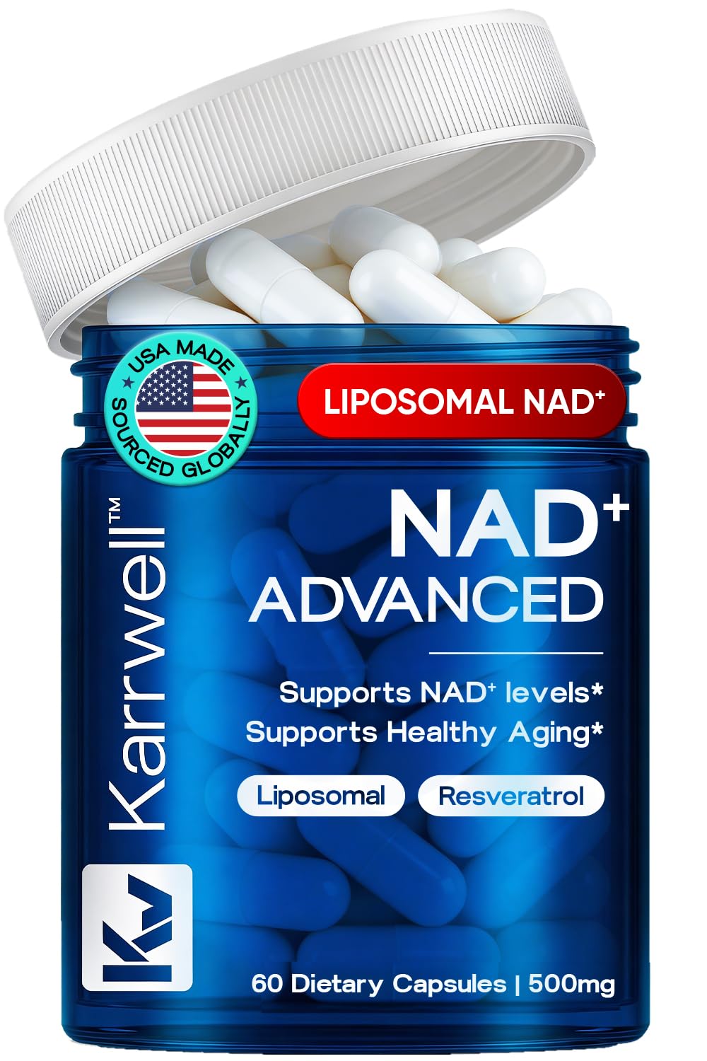NAD+ Supplement 500mg with Resveratrol - Liposomal for Maximum Absorption - Cellular Energy & Anti-Aging Support - Non-GMO Vegan - 60 Capsules