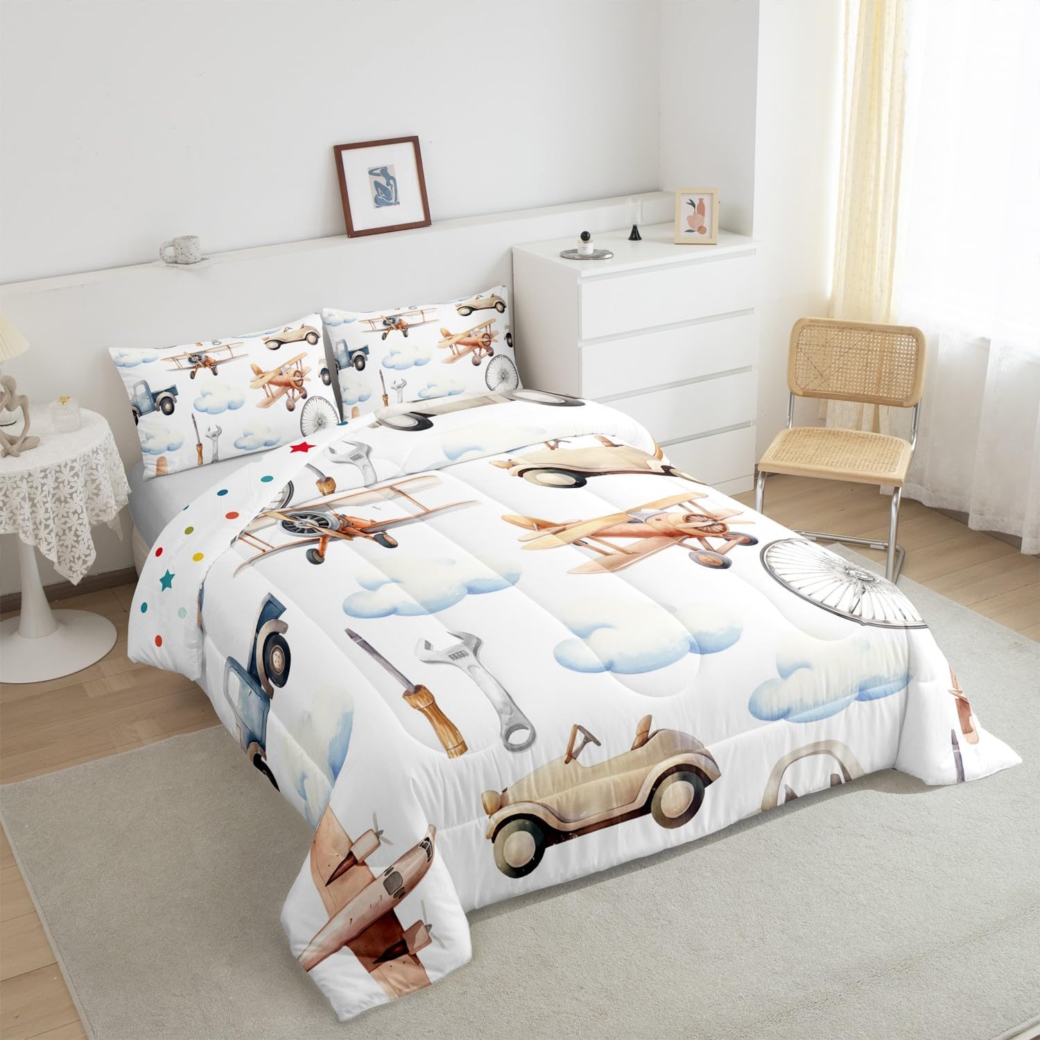 Castle Fairy Aircraft Twin Size Comforter Sets for Boys Girls,Vintage Airplane Truck Bedding Sets Boys Girls Bedroom Decor,Cartoon Car Plane 2 Pieces Quilt Set,Repair Tools Duvet Insert,Soft Fluffy